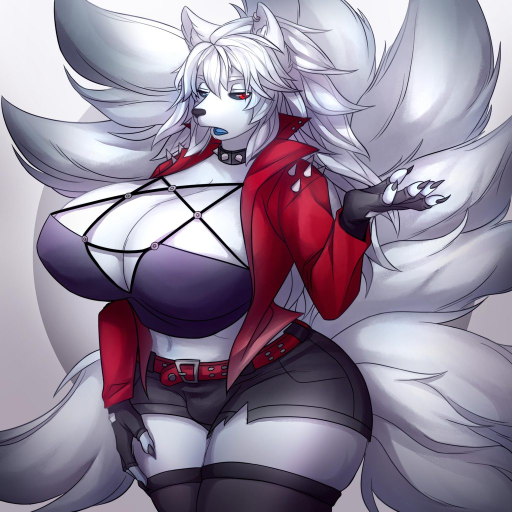 anthro big_breasts black_bra black_shorts black_stockings blue_eyes breasts bulge bulge_through_clothing exposed_midriff exposed_stomach fur furry futanari heterochromia indie_virtual_youtuber kemonomimi light_skin looking_at_viewer loona_(cosplay) midriff mithra_tsukiaki_(vtuber) multiple_tails muscular nine_tailed_fox red_eyes red_jacket scar silver_hair solo tail virtual_youtuber white_fur white_hair