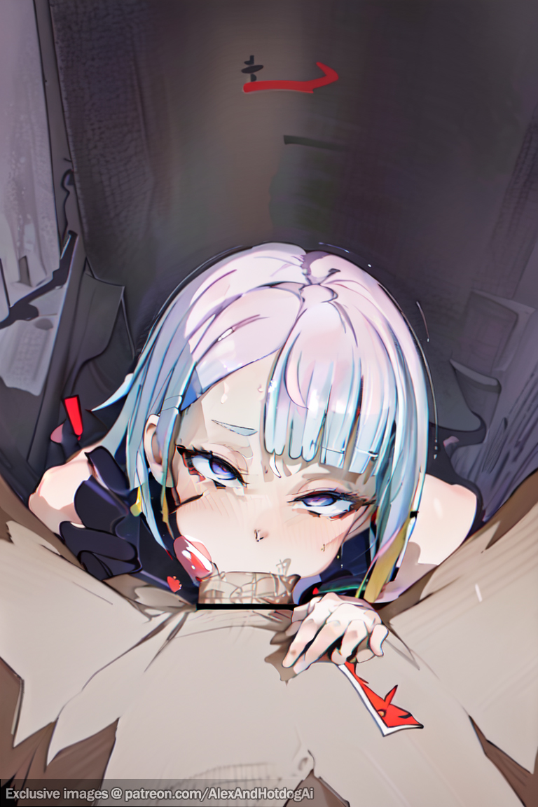 ai generated, alexandhotdogai, bedroom eyes, big penis, blowjob, blowjob face, blue eyes, cum in mouth, cyberpunk 2077, cyberpunk: edgerunners, female, futurism, grey eyes, looking at viewer, looking up, lucyna kushinada, male, multicolored hair, on knees, pale skin, penis, stable diffusion, white hair