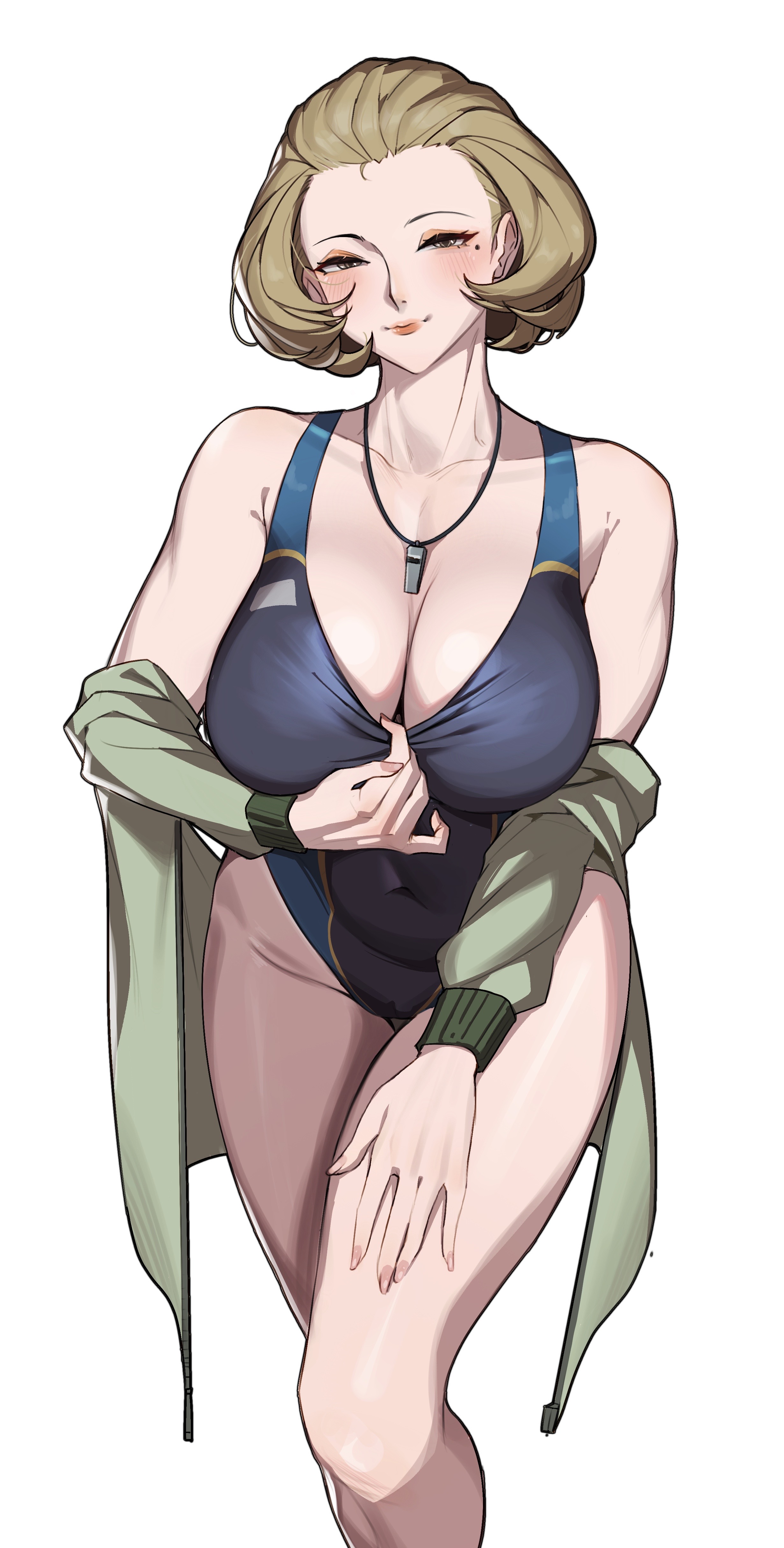 1girls, alternate costume, big breasts, black one-piece swimsuit, black swimsuit, blush, breasts, brown eyes, brown hair, cleavage, cloudy rain4, female, female only, fire emblem, fire emblem: three houses, hair, hips, huge breasts, large breasts, lips, manuela casagranda, mature, mature female, milf, mole, mole under eye, neckwear, nintendo, one-piece swimsuit, orange eyeshadow, orange lips, orange lipstick, short hair, solo, swimsuit, teasing, thighs, whistle