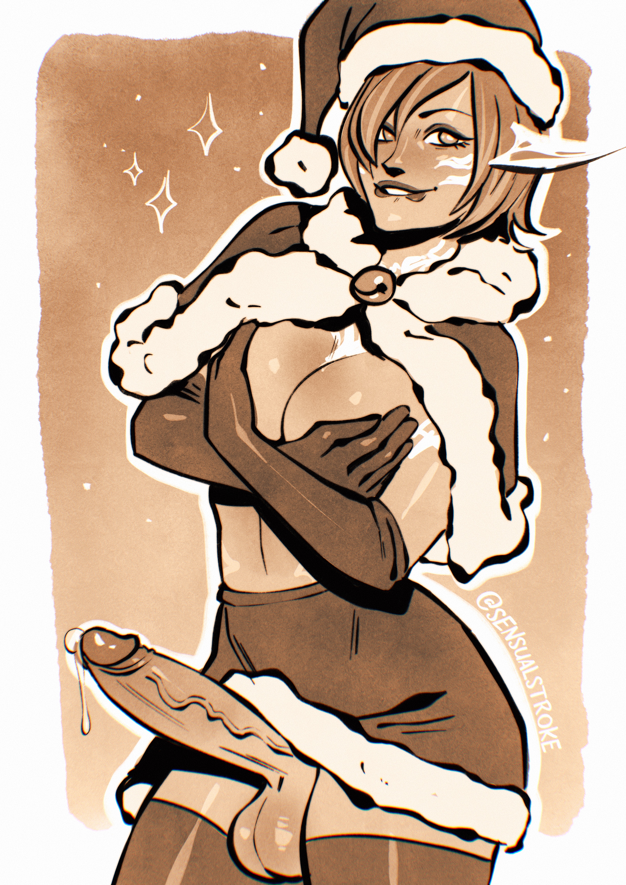 1futa, balls, big breasts, big penis, breasts, christmas, clothed, clothing, covering breasts, elbow gloves, erection, erection under skirt, futa only, futanari, gloves, human, intersex, light skin, light-skinned futa, monochrome, mostly nude, penis, santa hat, sensualstroke, short hair, skirt, solo, solo futa, standing, tagme, thighhighs