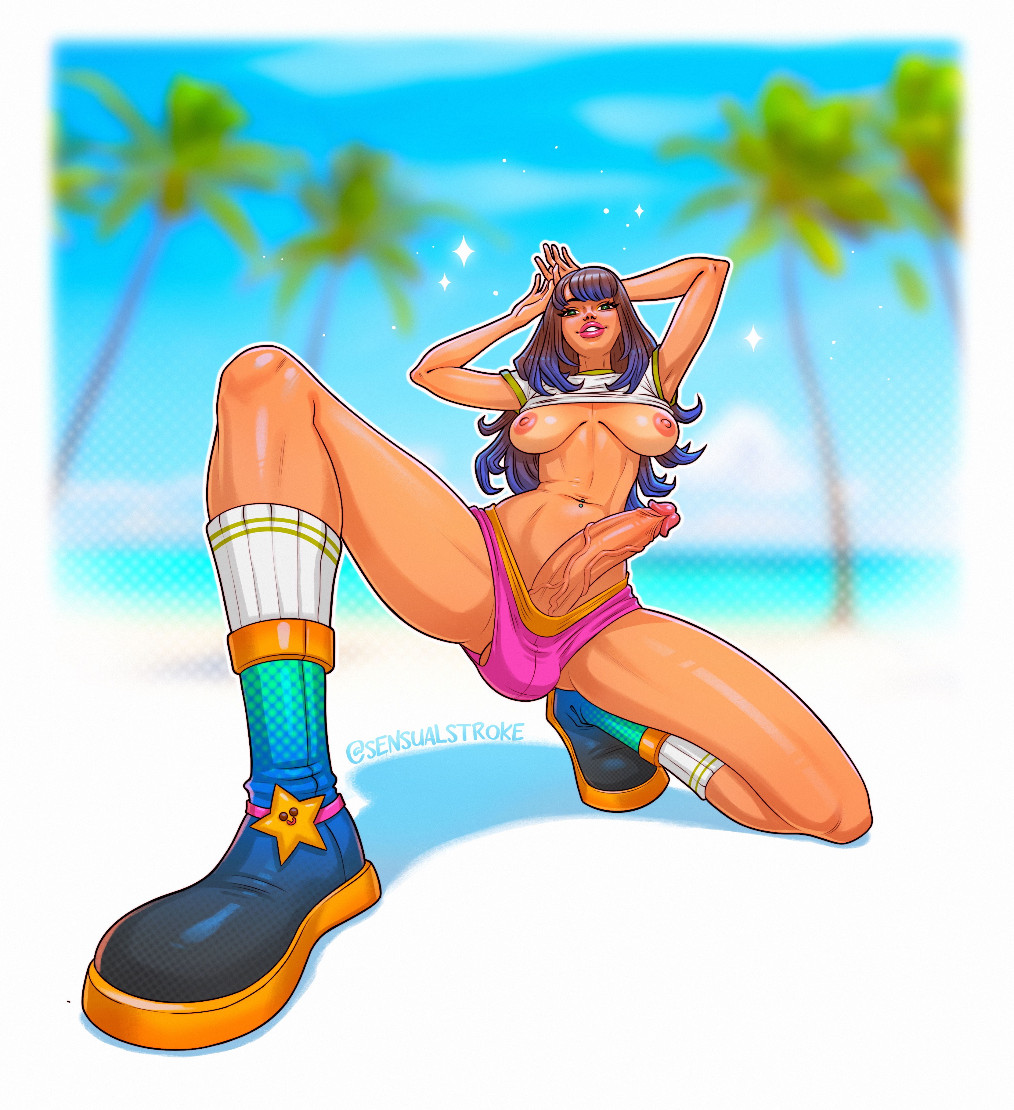 1futa, 2023, areolae, balls, bangs, beach, big breasts, big penis, breasts, brown hair, clothed, clothing, dark skin, erection, foreshortening, futa only, futanari, horny, human, intersex, kneeling, light skin, light-skinned futa, long hair, low-angle view, mostly nude, oral, penis, perspective, sensualstroke, solo, veiny penis