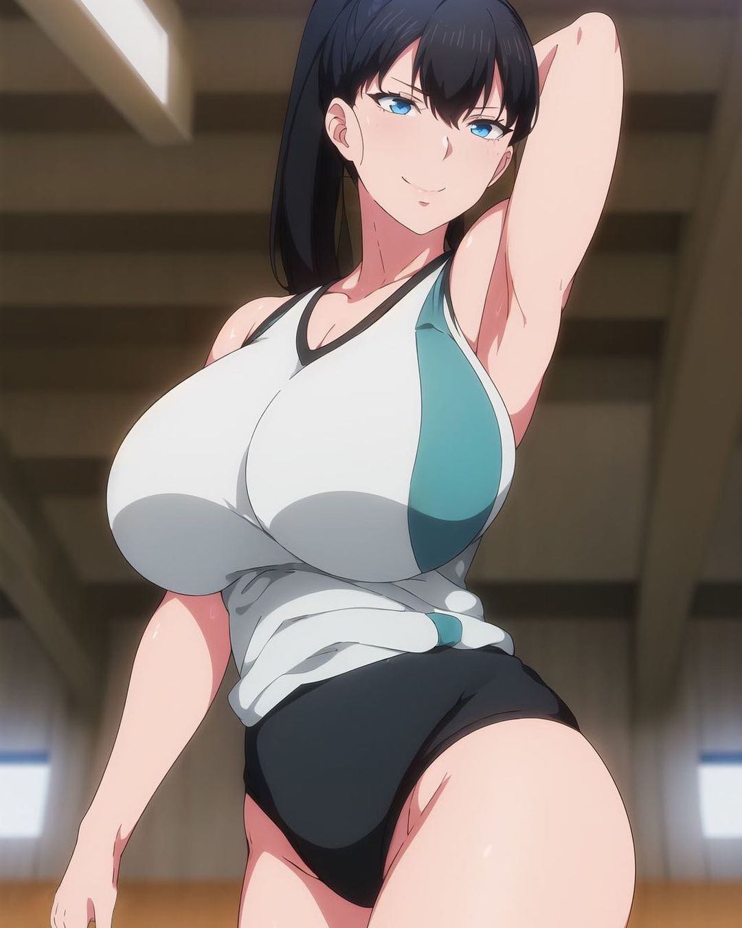 2d (artwork), ai generated, ass, black hair, blue eyes, breasts, clothing, female, hips, huge breasts, large breasts, panties, shuumatsu no harem, thick thighs, thighs, toudou akira (shuumatsu no harem)