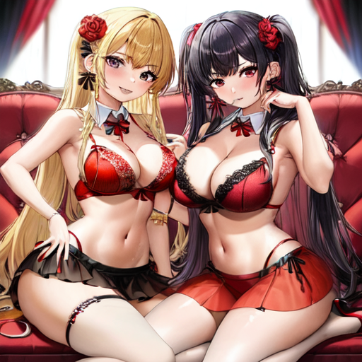 2girls :) :p ai_generated amber_eyes belly_button big_breasts black_hair blonde_hair bow bow_tie bra eyebrows_visible_through_hair female female_only flower flower_in_hair holaraai legwear lingerie looking_at_viewer original red_eyes rose sitting skirt small_image thighhighs thighs tie twintails very_long_hair