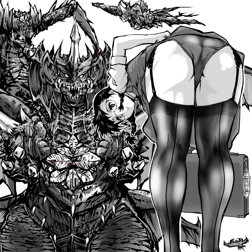 1girls ass bag bent_over braided_hair breasts destoroyah female freckles garter_straps glasses godzilla_(series) greyscale kaiju kamisimo_90 legs long_hair looking_at_viewer looking_back medium_breasts monochrome monster panties ribbon school_bag school_uniform skirt standing thighhighs twin_braids underwear