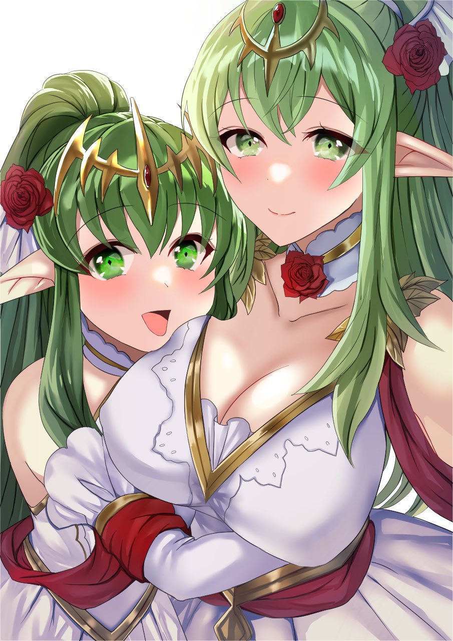 2girls alternate_costume better_version_at_source breasts bride cleavage dual_persona female female_only fire_emblem fire_emblem_awakening fire_emblem_heroes green_eyes green_hair large_breasts looking_at_viewer nintendo official_alternate_costume pointy_ears tara_(szzj7733) tiki_(adult)_(bridal)_(fire_emblem) tiki_(adult)_(fire_emblem) tiki_(fire_emblem) tiki_(young)_(bridal)_(fire_emblem) tiki_(young)_(fire_emblem) wedding_dress