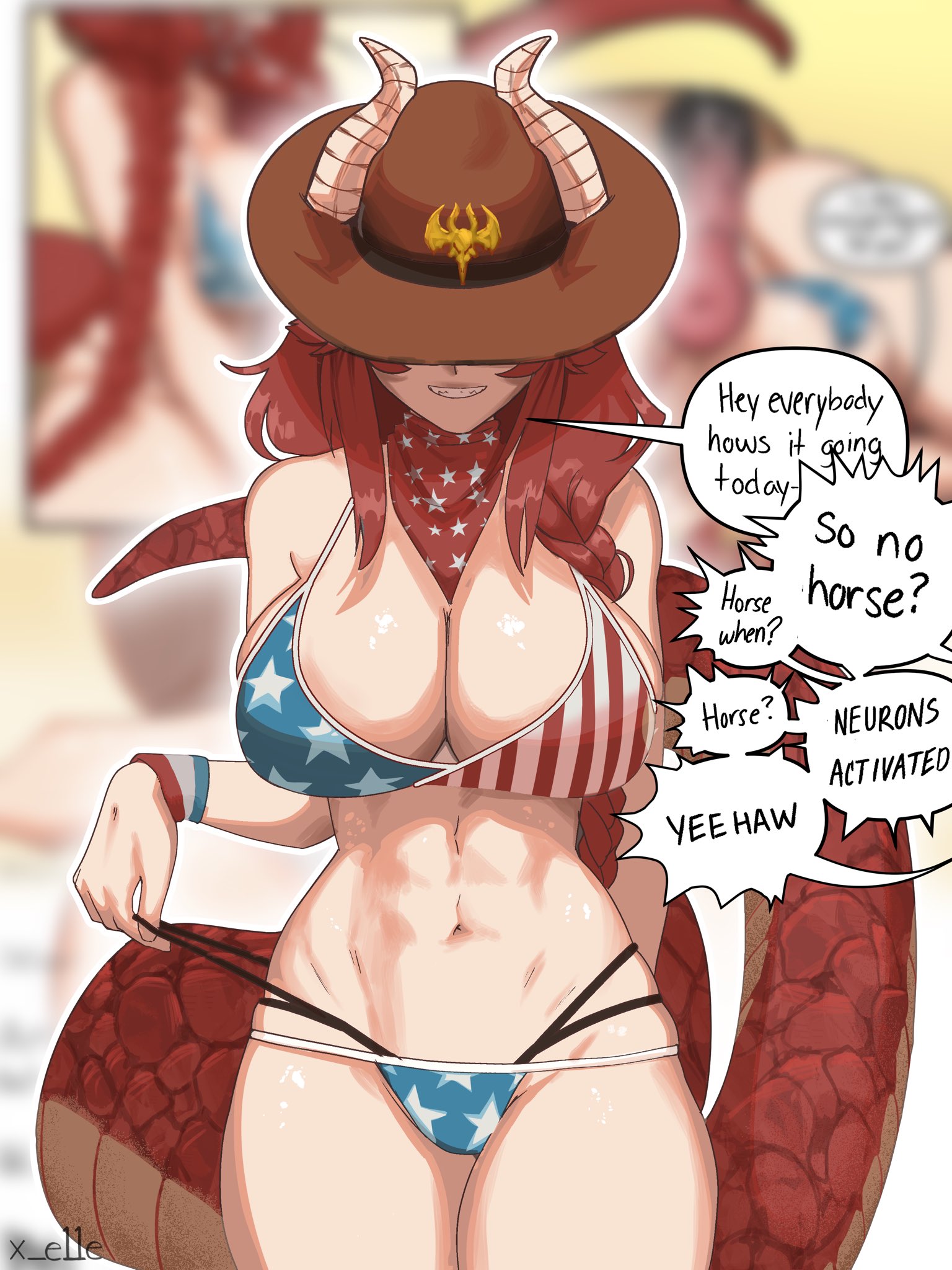 1girls, american flag, american flag bikini, bandana, bikini, bikini bottom, bikini top, breasts, cleavage, cowboy shot, dragon, dragon girl, dragon horns, dragon tail, eyes covered, female, female only, horns, horse?, huge breasts, light skin, light-skinned female, panty pull, smiling, smirk, smirking, smirking at viewer, solo, solo female, solo focus, tail, virtual youtuber, vshojo, x e11e, zentreya, zentreya (cowboy bikini)