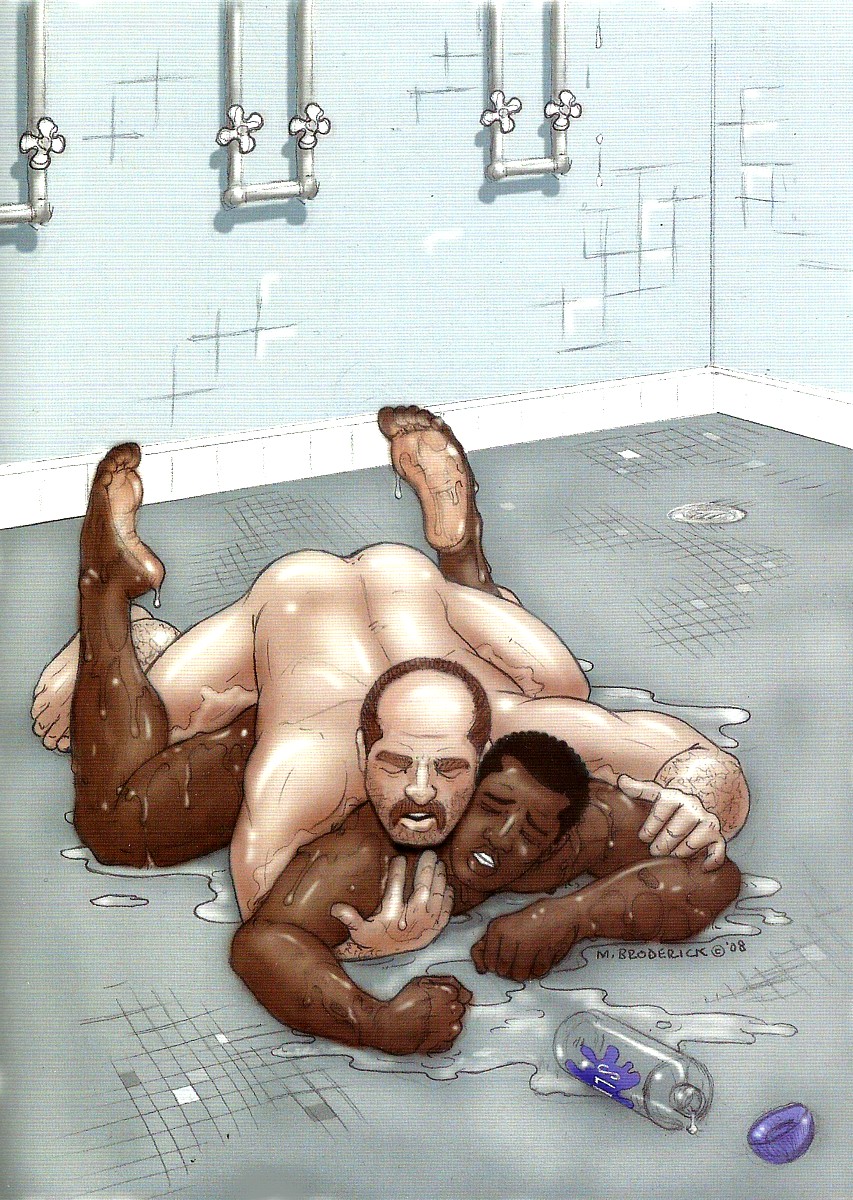 age_difference black_male dark-skinned_male gay gay_sex hairy_chest hairy_male human interracial male_only michael_broderick moustache older_dom_younger_sub older_male older_man_and_younger_boy older_penetrating_younger on_the_floor public_shower shower