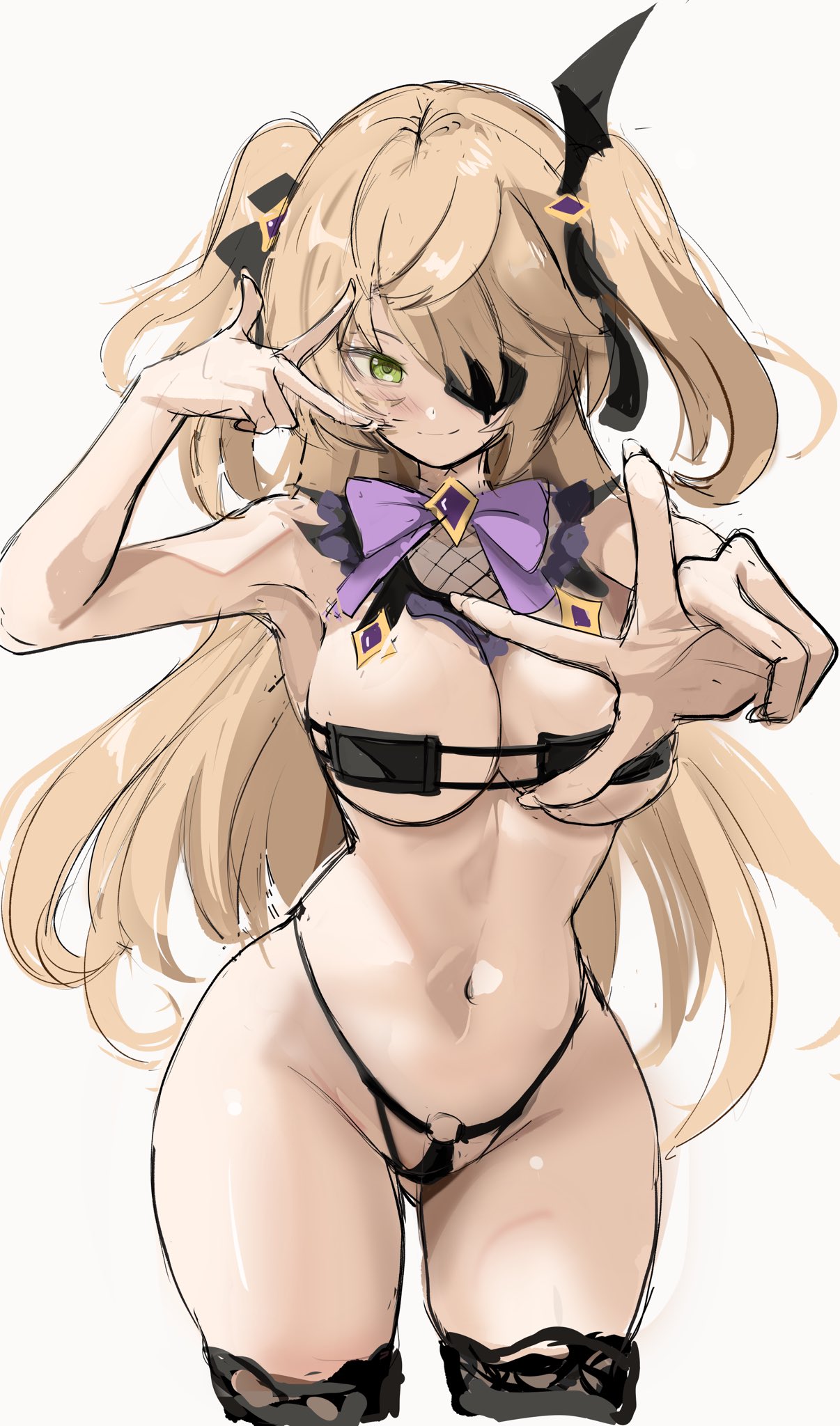 1girls, armpit, artist request, belly, belly button, big breasts, blonde female, blonde hair, blush, blushing, breasts, busty, child bearing hips, eye patch, eyepatch, female, female only, fischl (genshin impact), genshin impact, green eyes, hair ornament, hips, huge breasts, large breasts, light skin, light-skinned female, mihoyo, one eye obstructed, pigtails, pose, posing, rakeemspoon, revealing clothes, smile, smiling, thick, thick thighs, thigh highs, thighhighs, thighs, thin waist, tied hair, tummy, twintails, wide hips