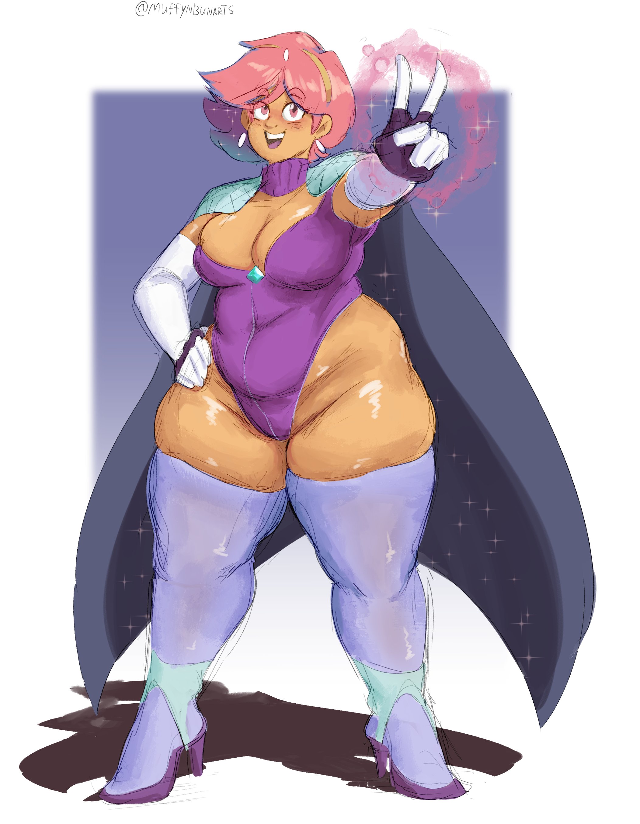 1girls, 2023, alternate version at source, armpits, artist name, belly, big breasts, blue background, blue hair, blush, bottom heavy, breasts, busty, calves, cape, chubby, chubby female, cleavage, clothed, clothed female, clothes, clothing, earrings, elbow gloves, female, footwear, full body, fully clothed, gesture, glimmer (she-ra), gloves, hair, hand on hip, handwear, happy, headband, hi res, high heels, huge thighs, human, large breasts, legs apart, legwear, leotard, medium hair, muffynbunarts, multicolored hair, netflix, open mouth, peace sign, pink eyes, pink hair, pose, posing, purple hair, raised arm, she-ra and the princesses of power, shoes, simple background, skin tight, smile, smiling, solo, standing, tan body, tan skin, tan-skinned female, teeth, thick, thick thighs, thighhighs, thighs, three-tone hair, tight clothing, wide hips