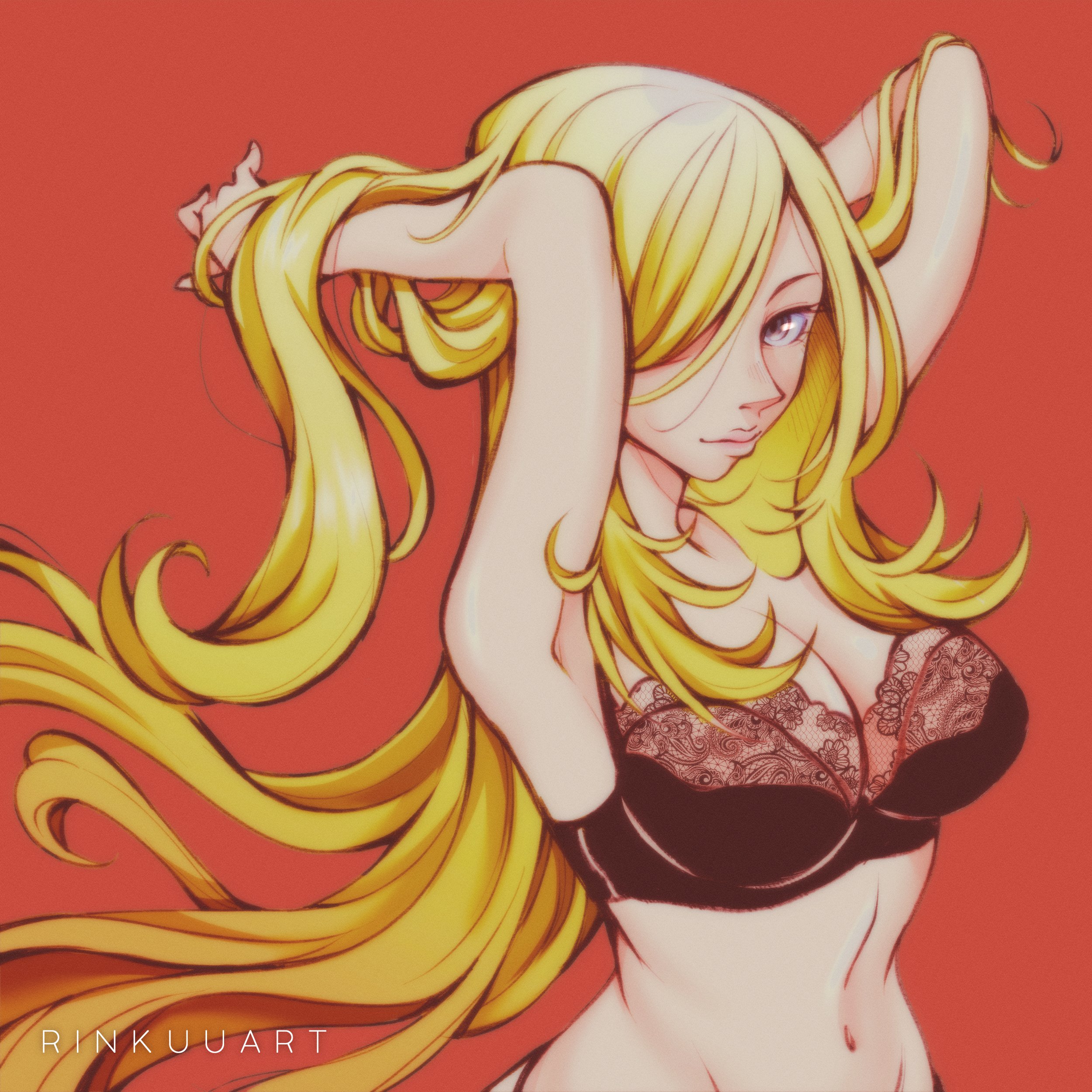 1girls, 2023, armpit, arms up, artist name, belly, black lingerie, blonde hair, bra, breasts, cleavage, clothed, cynthia (pokemon), female, female focus, female only, game freak, grey eyes, hair, hair over one eye, hand in hair, hands behind back, hi res, lingerie, long hair, looking at viewer, mature, mature female, navel, nintendo, pokemon, pokemon dppt, red background, rinkuu, simple background, smile, solo, solo female, solo focus, waist