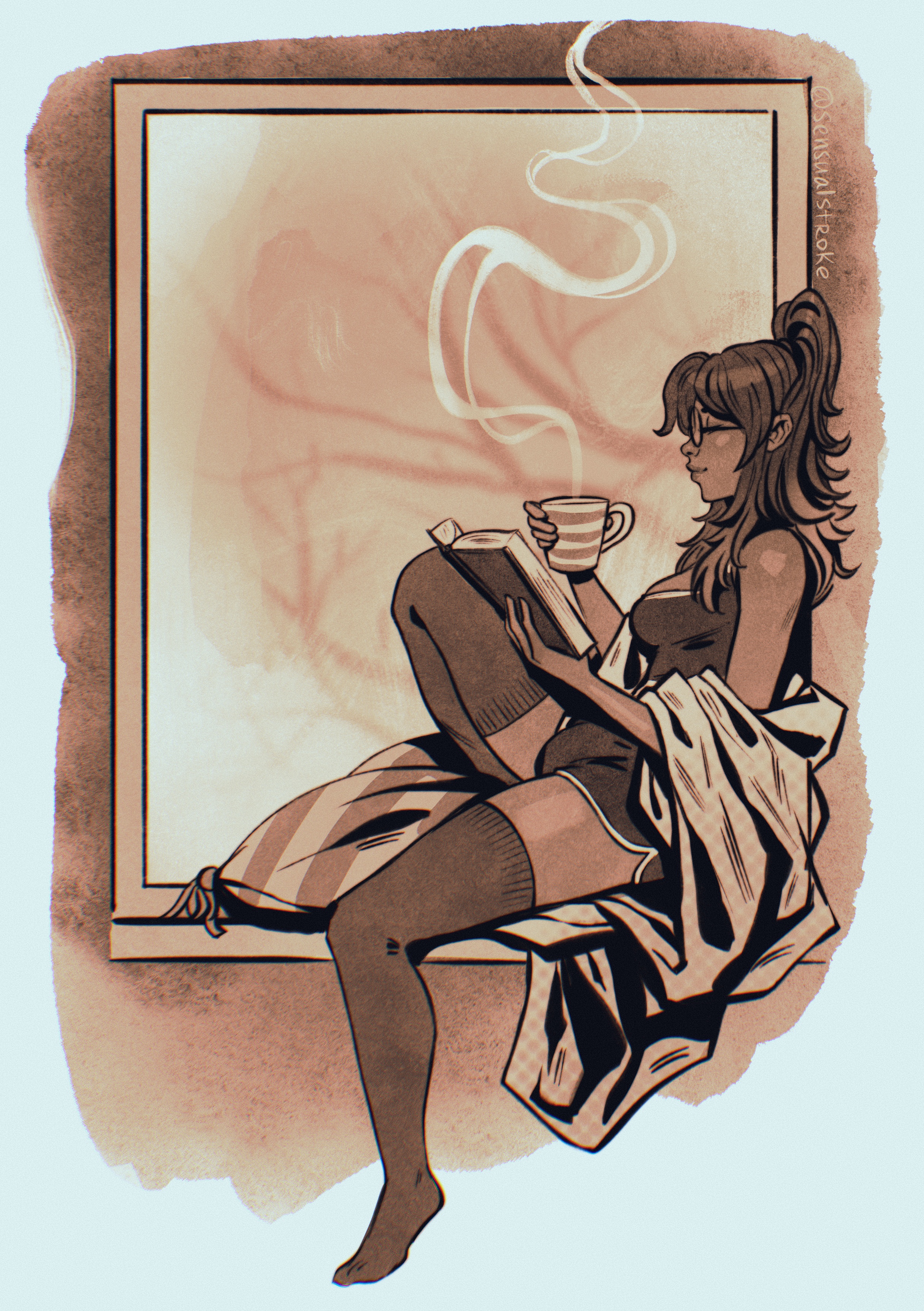 1futa, big penis, black hair, book, breasts, bulge, clothed, clothing, coffee, dark skin, dark-skinned futa, flaccid, full body, fully clothed, futa only, futanari, glasses, human, intersex, long hair, monochrome, penis, ponytail, sensualstroke, side view, sitting, solo, thighhighs, window