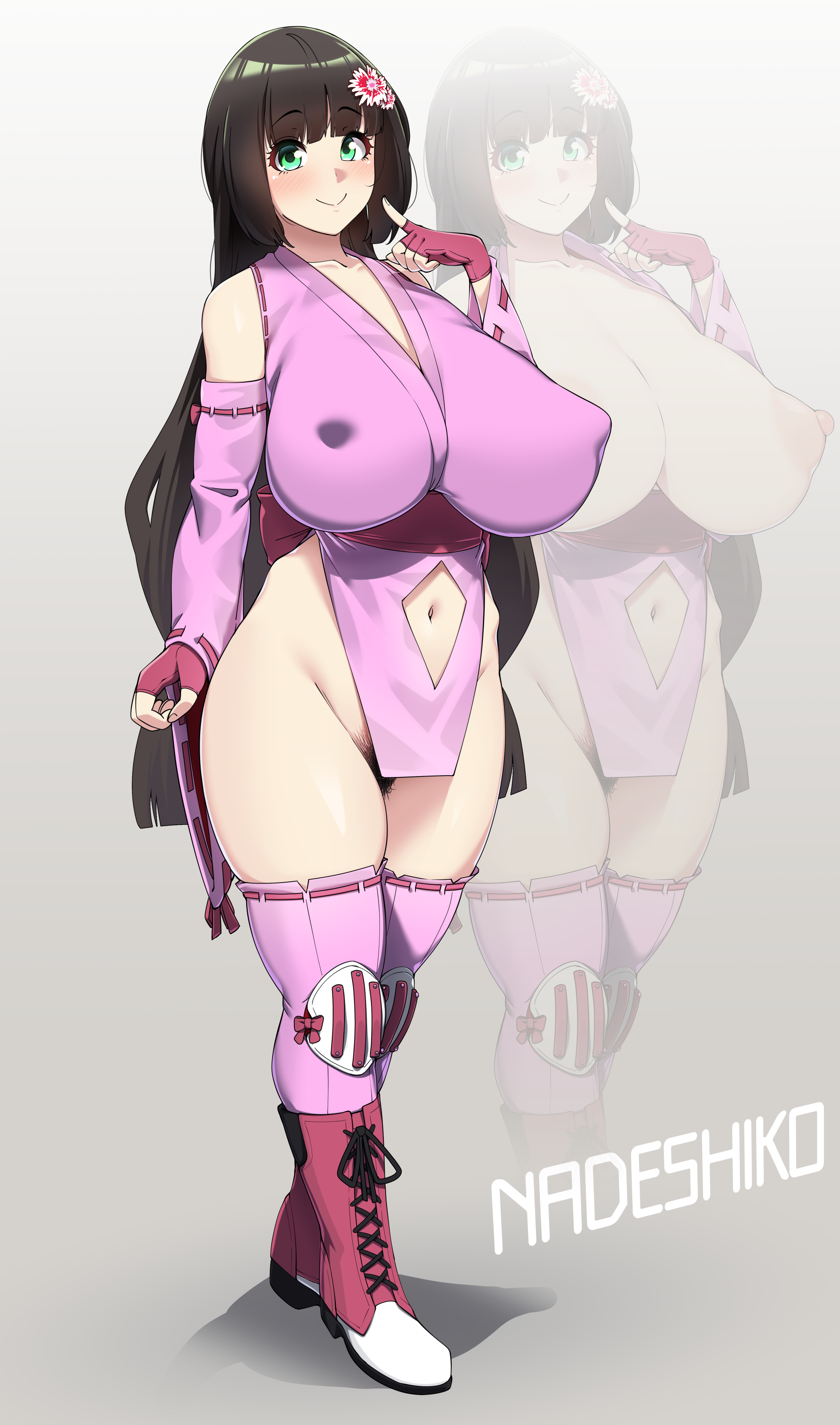 1girls, 2021, absurd res, bare shoulders, black hair, blush, boots, breasts, breasts out, character name, clothing, detached sleeves, eyebrows visible through hair, female, female only, finger to mouth, fingerless gloves, flower, full body, gigantic breasts, gloves, green eyes, grey background, hair flower, highres, huge breasts, japanese clothes, knee pads, konoshige (ryuun), kunoichi, light skin, light-skinned female, long hair, looking at viewer, nadeshiko (ruona 0427), navel, navel cutout, ninja, nipple bulge, nipples, no bra, no panties, obi, original, pelvic curtain, pink clothing, pink gloves, pubic hair, revealing clothes, ryuun (stiil), sash, simple background, skindentation, smile, solo, standing, thick thighs, thighhighs, thighs, very long hair, wavy hair, wide sleeves, zoom layer