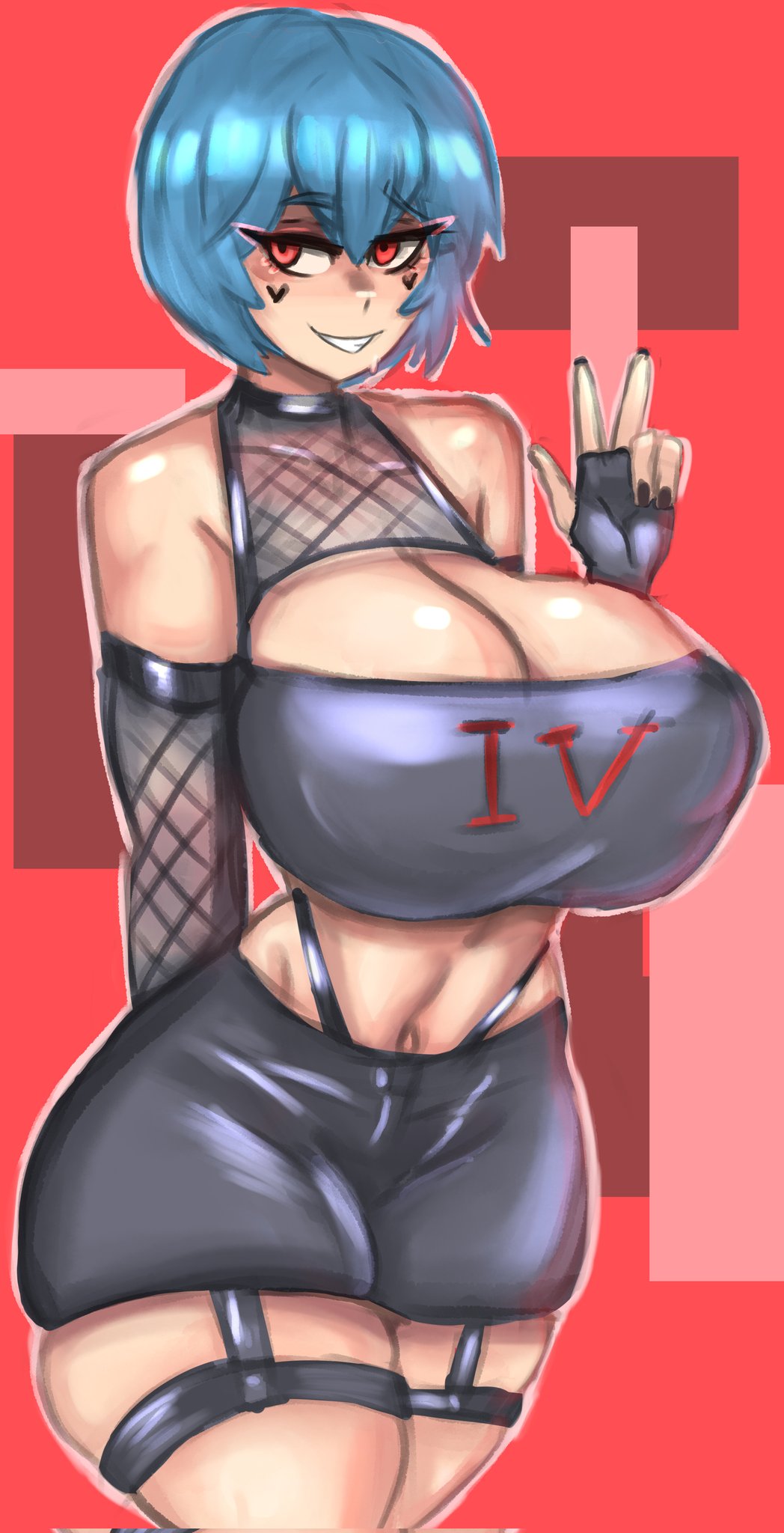 1girls ayanami_rei big_breasts blue_hair breasts breasts_bigger_than_head cleavage clothed female garter_belt garter_straps goth heart huge_breasts knightartist115 makeup neon_genesis_evangelion peace_sign red_eyes rei_ayanami skindentation thick_thighs tight_clothing v_sign