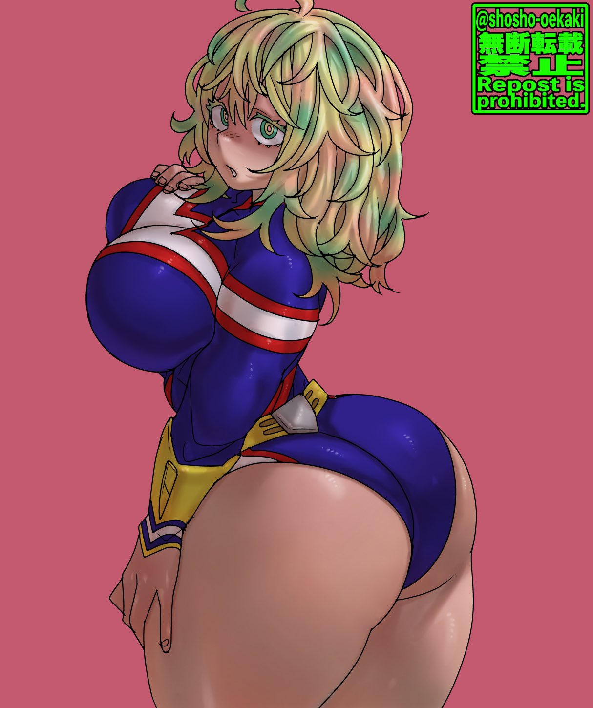 1girls all_might_(cosplay) ass big_ass big_butt blue_leotard bubble_butt curvy curvy_female curvy_figure dat_ass fat_ass female female_human female_only hagakure_tooru_(visible) hero_outfit_(mha) human large_ass leotard looking_at_viewer looking_back multicolored_hair my_hero_academia short_hair shosho_oekaki solo solo_female solo_focus superhero_costume superheroine thick_thighs thighs thunder_thighs tooru_hagakure tooru_hagakure_(visible) voluptuous voluptuous_female