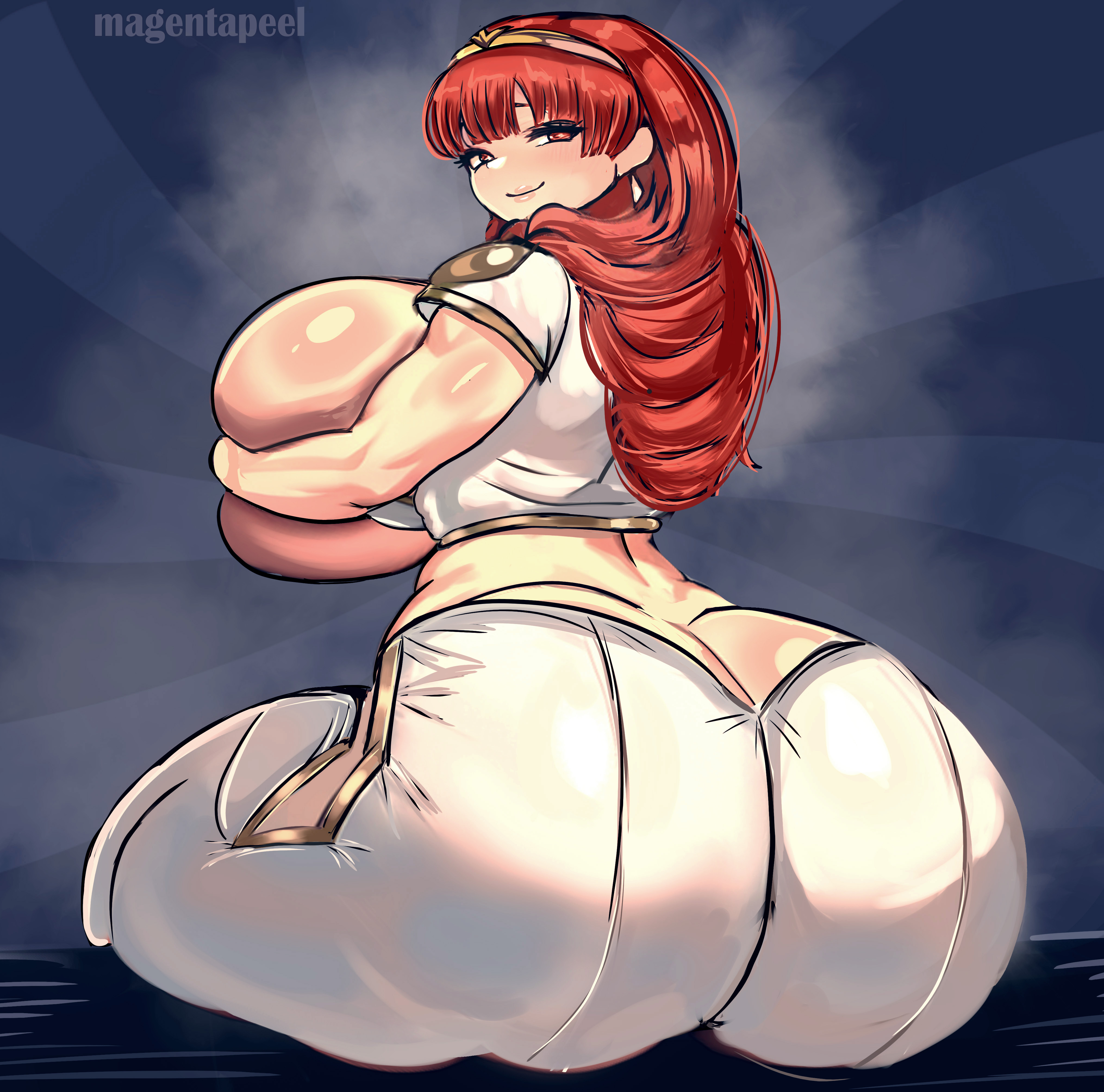 1girls, ass, back view, breasts, celica (fire emblem), chubby, chubby female, curvy, earrings, female, female only, fire emblem, fire emblem echoes: shadows of valentia, huge ass, huge breasts, long hair, looking at viewer, looking back, magentapeel, nintendo, orange eyes, orange hair, plump, red eyes, red hair, smile, solo, thick thighs, voluptuous