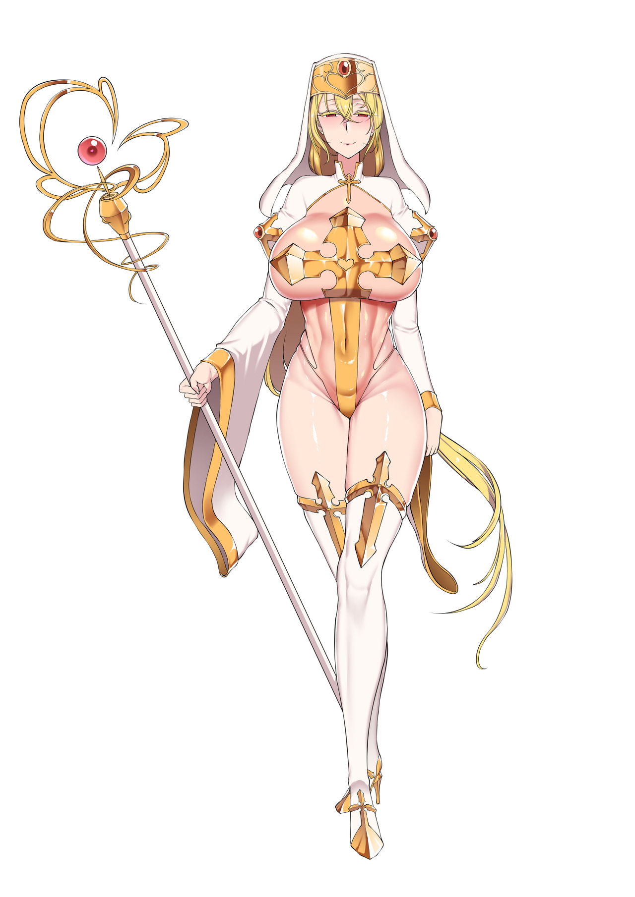 1girls, armored dress, ass, bangs, big ass, big boobs, big breasts, big butt, blonde hair, blush, breasts, cross, era (artist), female, glistening, glistening body, gold, gold (metal), light skin, light-skinned female, long sleeves, milf, nun, pale skin, pale-skinned female, robes, shoes, staff, standing, thick thighs