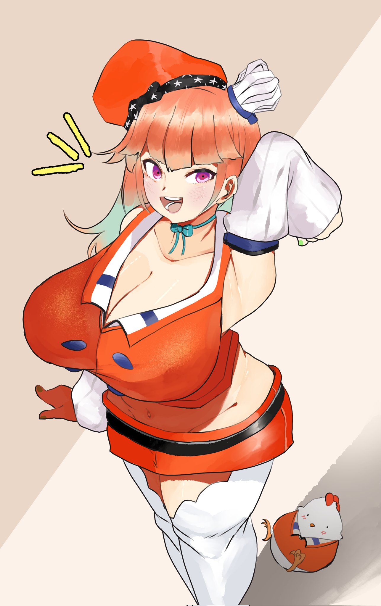 1girls, armpits, beret, breasts, chef hat, fan mascot (vtuber), female, gradient hair, hat, hololive, hololive english, hololive myth, huge breasts, kfp (takanashi kiara), kfp employee (takanashi kiara), looking at viewer, mascot, meweeze, miniskirt, multiple hats, orange hair, orange hat, red beret, red hat, takanashi kiara, takanashi kiara (1st costume), thighhighs, virtual youtuber