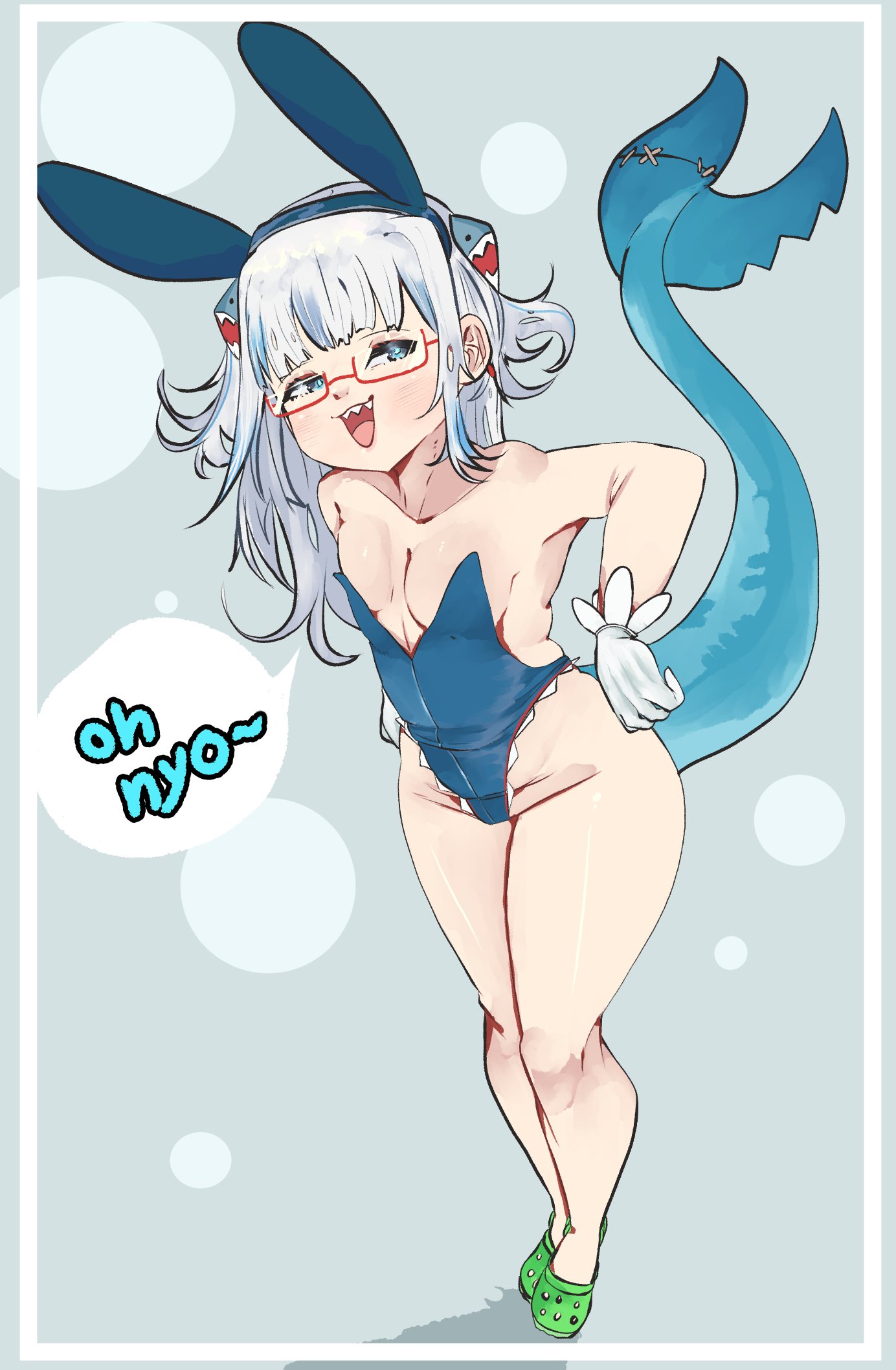 blue eyes, blush, breasts, bunny ears, bunnysuit, cleavage, clothing, crocs, female, gawr gura, glasses, gloves, hi res, hololive, hololive english, hololive myth, leotard, light skin, light-skinned female, meweeze, shark girl, shark tail, sharp teeth, small breasts, smooth skin, smug face, solo, tail, text, thick, thick thighs, virtual youtuber, white hair