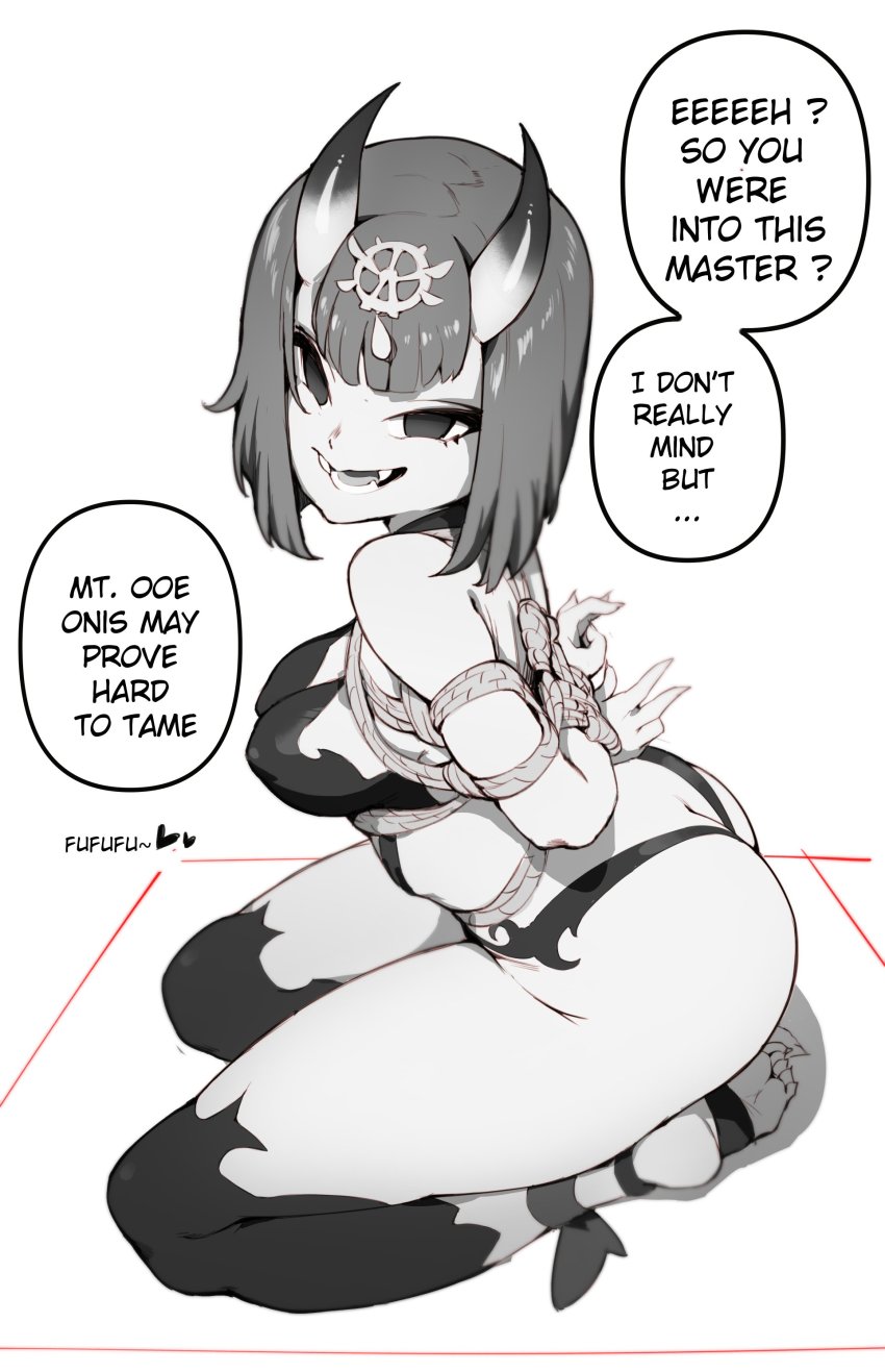 absurdres arms_behind_back ass bdsm black_and_white bondage bound breasts bubble_speech butt_crack english_text fangs fate_(series) female hair_ornament highres horns kneeling no_pupils penguru_086 revealing_clothes rope shuten_douji_(fate) solo tagme tied_arms tied_up