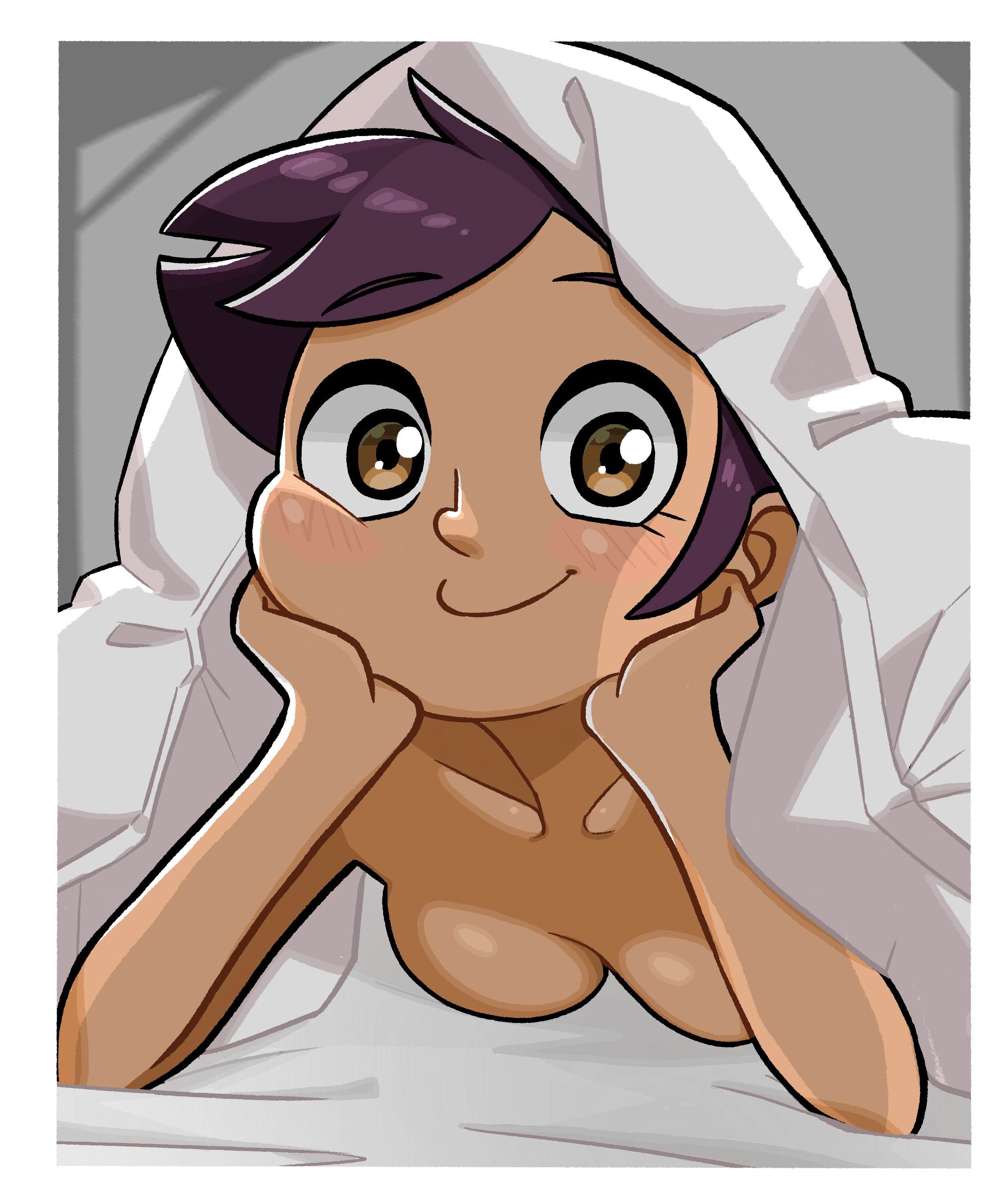 1girls, adorable, arm support, bed, bed sheet, blush, border, breasts, brown eyes, brown hair, casual, cleavage, cute, dark skin, dark-skinned female, disney, disney channel, female, female only, hands on face, hands on head, human, indoors, looking at viewer, luz noceda, lying, matching hair/eyes, medium breasts, n k m, nonsexual, nonsexual nudity, nude, on bed, on front, on stomach, short hair, smile, solo, solo female, the owl house, white border, wholesome