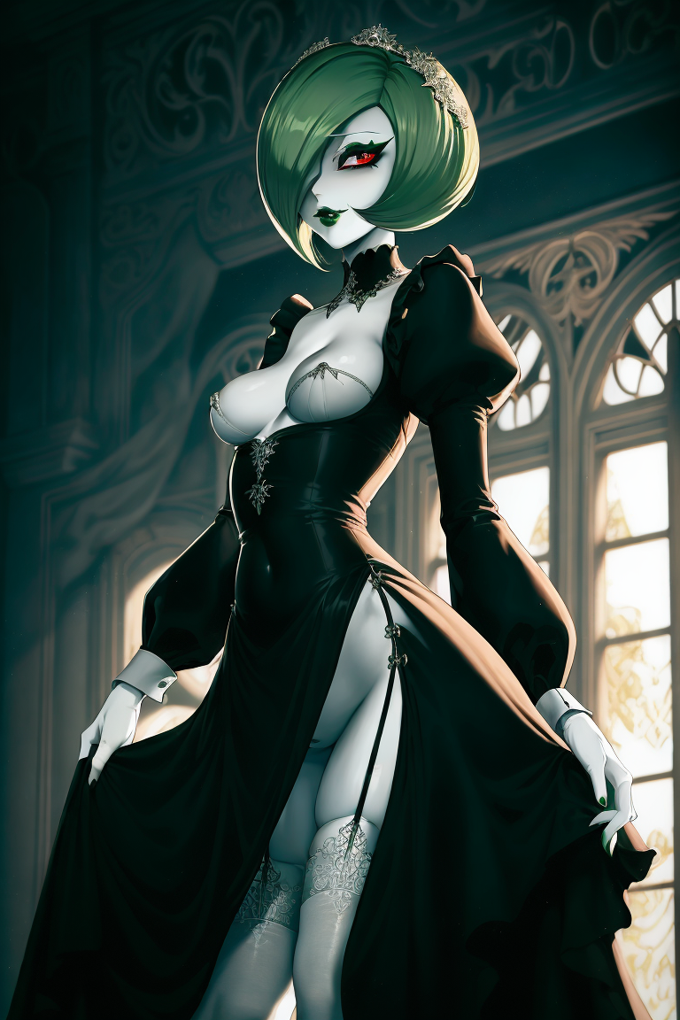 2:3 2:3_ratio absurd_res absurdres ai_generated anthro black_choker black_lipstick choker cosplay french_maid gardevoir garter_belt garter_straps goth goth_girl gothic gothic_lolita green_hair hd hi_res high_resolution highres humanized humanoid hylian_r34 maid maid_headdress maid_outfit maid_uniform mansion mascara one_eye_covered one_eye_obstructed one_eye_visible pale pale-skinned_female pale_skin pokémon_(species) pokemon pokemon_(species) pulling_on_clothes pussy_visible_through_clothes red_eyes skindentation tagme thighhighs thin_waist unstable_diffusion white_legwear white_thighhighs window