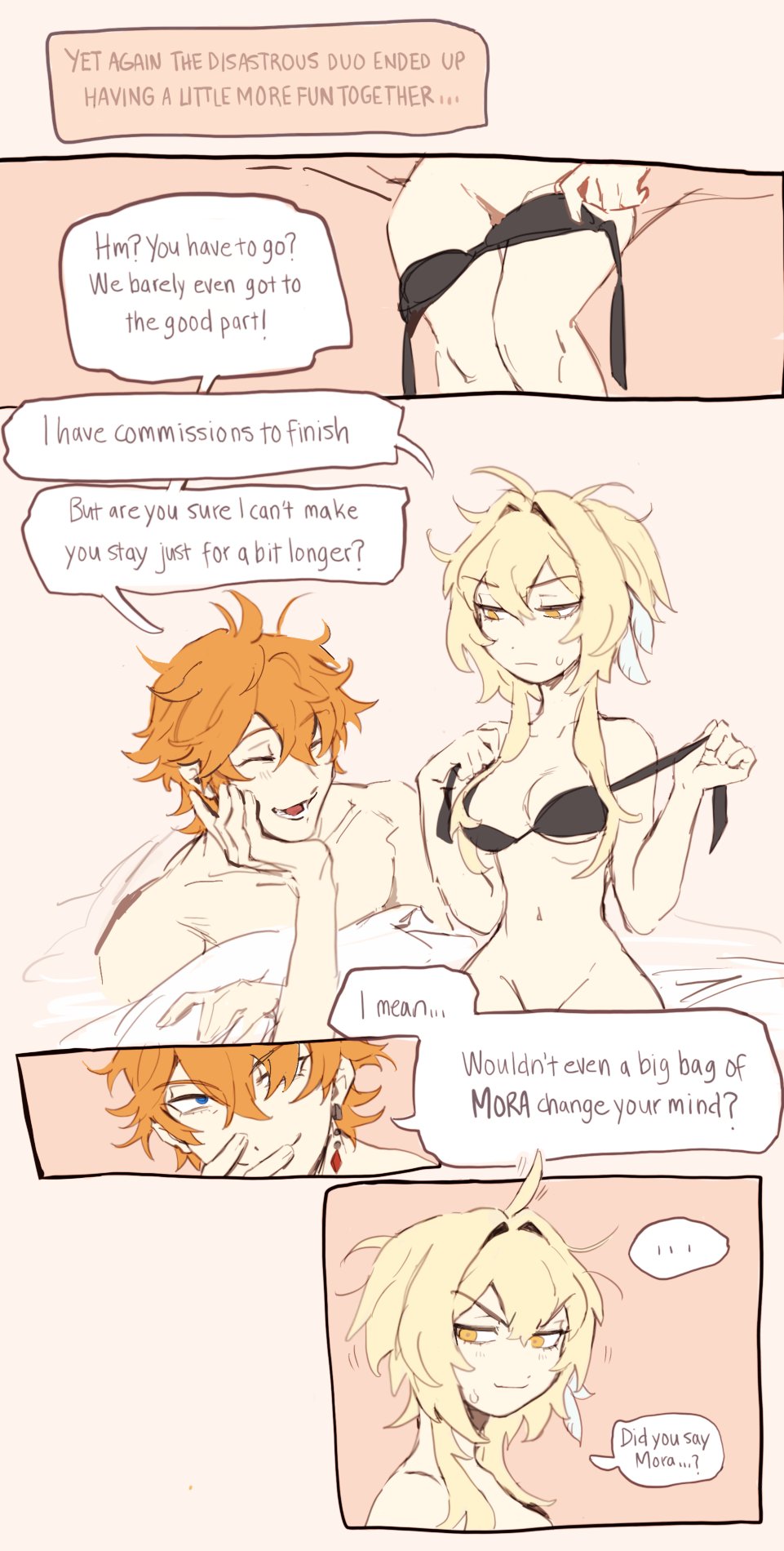 1boy 1girls after_sex blonde_female blonde_hair casual_nudity childe_(genshin_impact) comic convinced dialogue duo english_text genshin_impact getting_dressed ginger hilimuc lumine_(genshin_impact) male/female messy_hair partially_nude short_hair_with_long_locks speech_bubble straight tartaglia_(genshin_impact) text yellow_eyes