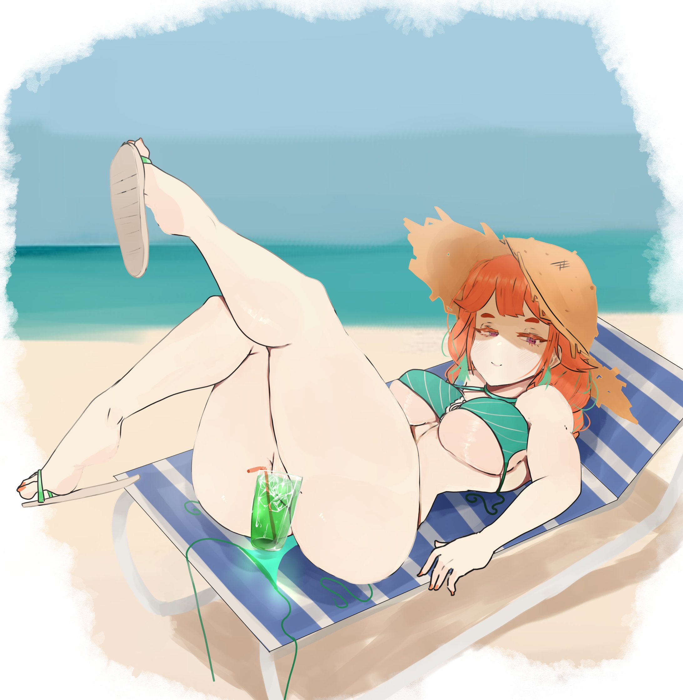 ass, beach, bikini, braid, braided twintails, breasts, drink, female, gradient hair, green hair, green highlights, hololive, hololive english, hololive myth, huge ass, large breasts, leg up, looking at viewer, meweeze, orange hair, sandalns, streaked hair, sun hat, takanashi kiara, takanashi kiara (2nd costume), thick thighs, twintails, two-tone hair, virtual youtuber
