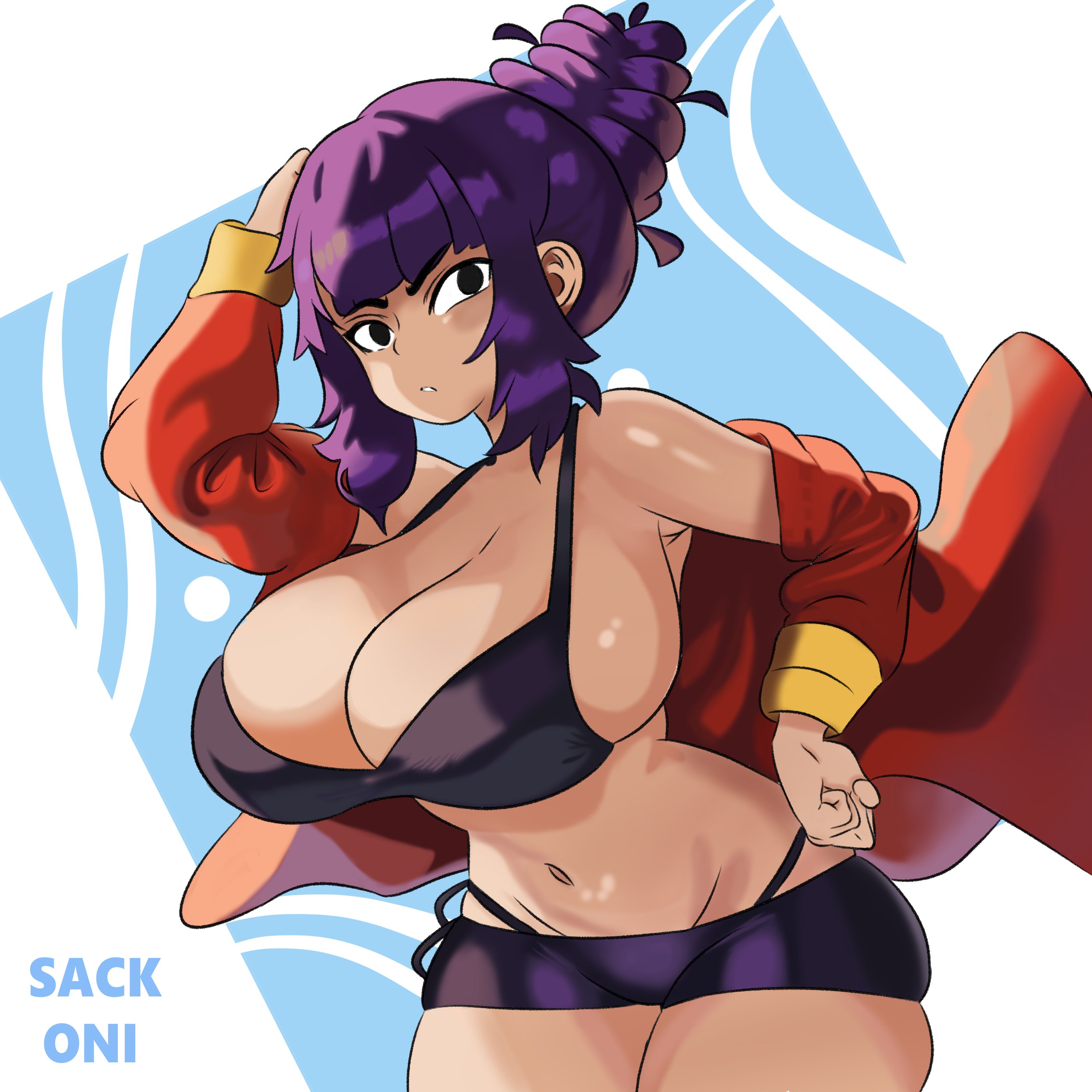1girls, beehive hairdo, bikini, black bikini, black swimsuit, blunt bangs, breasts, cleavage, command grab, cowboy shot, female, female only, gigantic breasts, hand on hip, hand on own hip, huge breasts, human, long hair, looking at viewer, navel, purple hair, sackoni, shiny skin, sidelocks, solo, string bikini, thick thighs, thighs, voluptuous