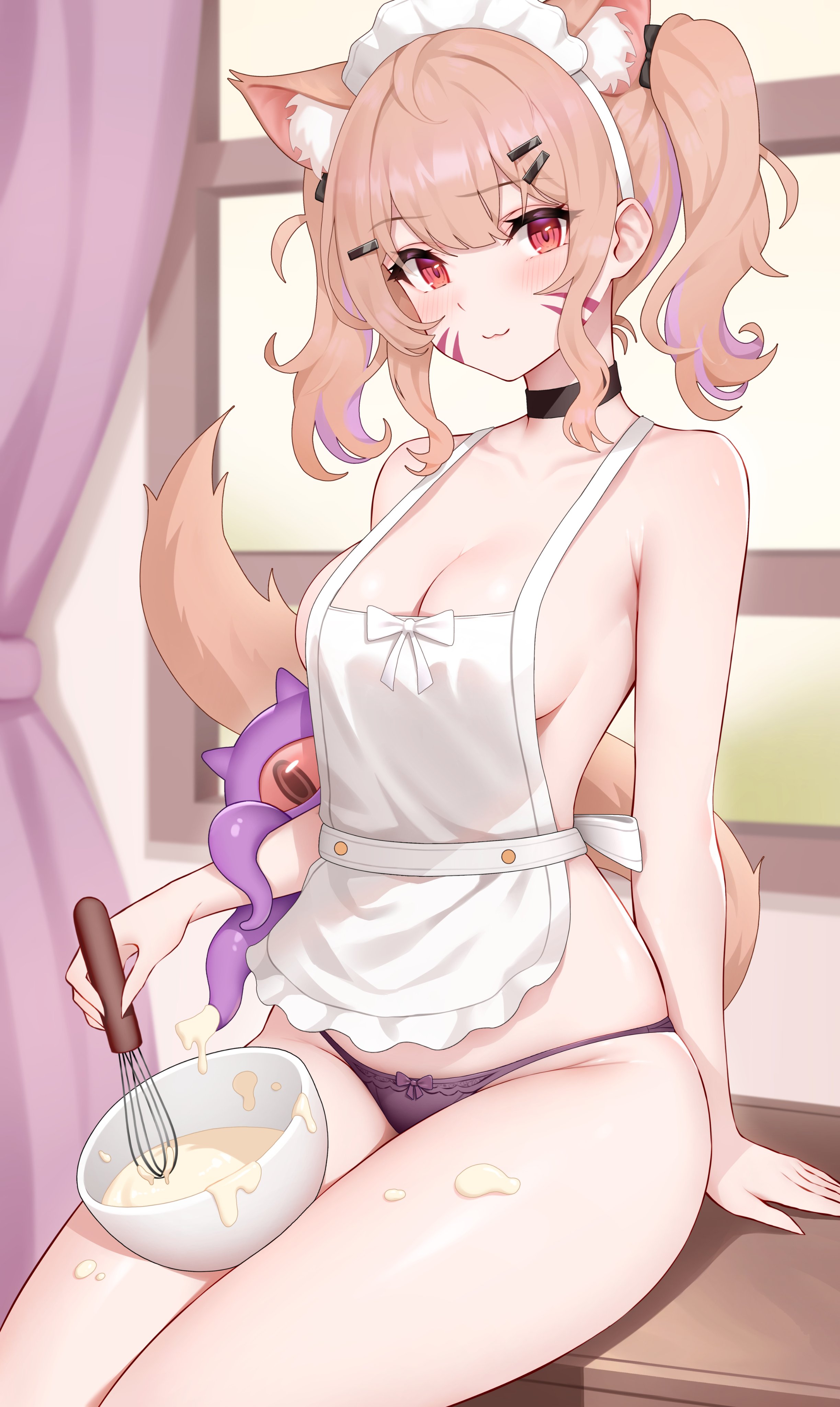 1girls, animal ear fluff, animal ears, apron, bare arms, bare shoulders, black choker, black panties, blonde hair, blurry, blush, bow, breasts, brown hair, cat ears, cat girl, catgirl, choker, cleavage, closed mouth, collarbone, eyebrows visible through hair, face markings, female, female only, fox ears, fox tail, hair between eyes, hair ornament, hairclip, heart, holding, indoors, large breasts, long hair, looking at viewer, maid headdress, medium breasts, mole, naked apron, panties, purple panties, red eyes, secon, sitting, smile, solo, squchan (vtuber), tail, thighs, twintails, underwear, virtual youtuber, vyugen, whisk, white apron