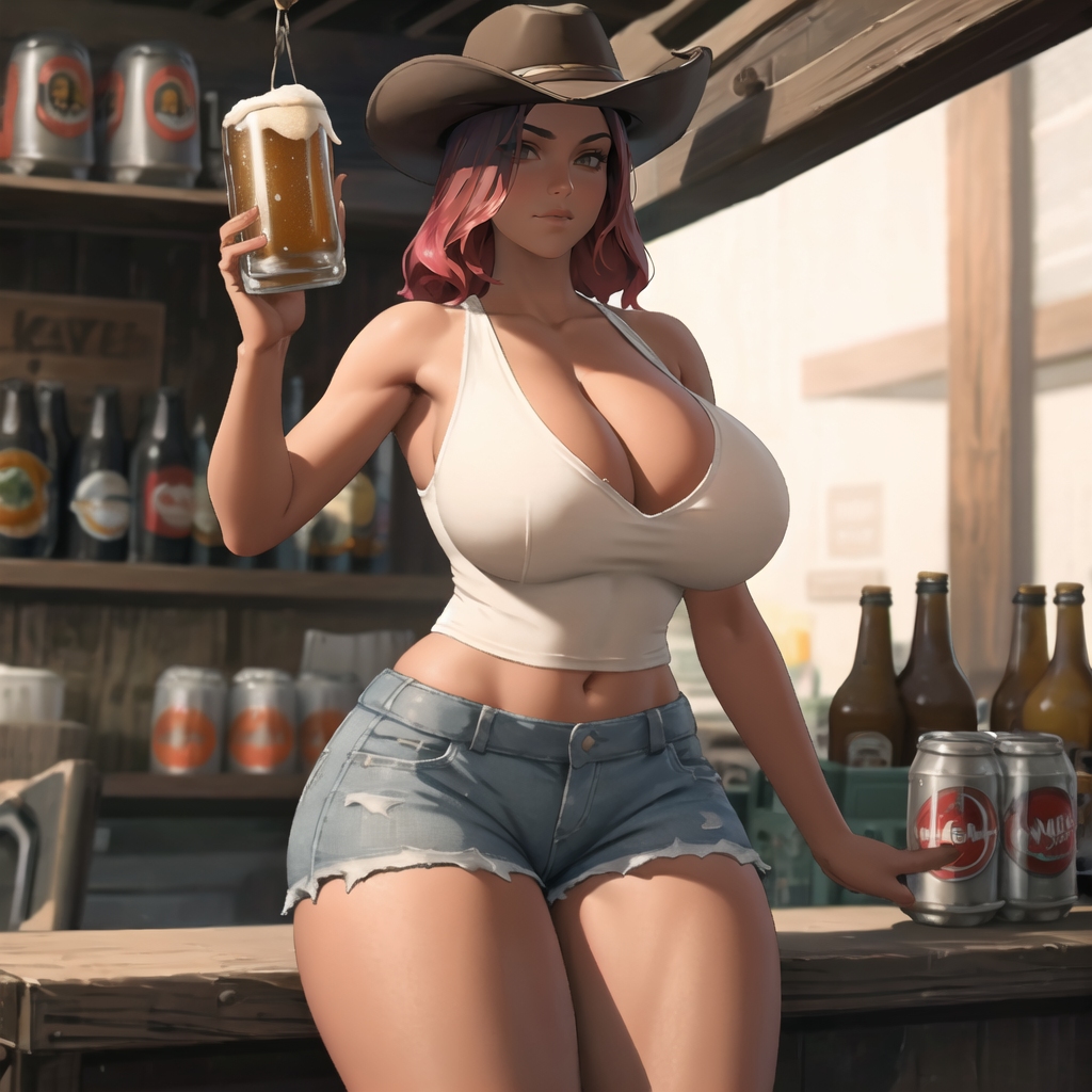 ai_generated beer beer_mug big_breasts calamity_(fortnite) cixf cowboy_hat daisy_dukes dark-skinned_female fortnite fortnite:_battle_royale holding_beer huge_breasts huge_thighs navel smile tank_top thick_thighs