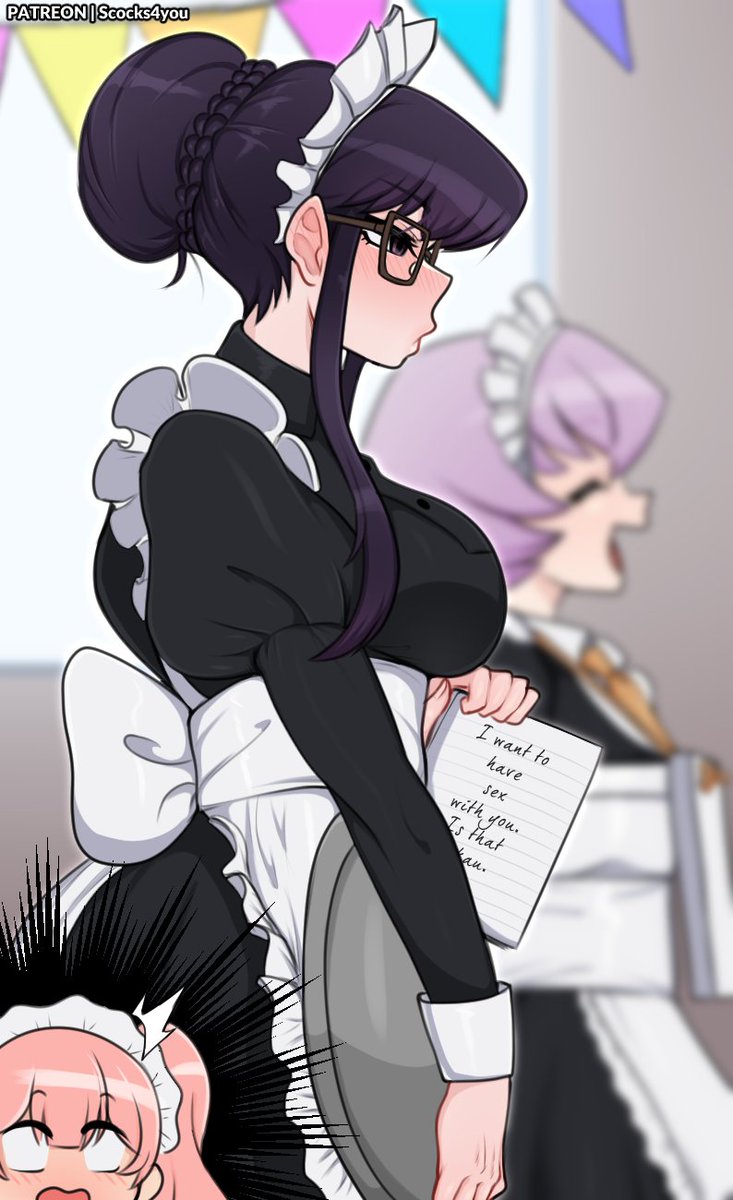 1femboy, 1girls, alternate version available, blush, blush lines, breasts, cute, detailed background, english text, female, glasses, hairbun, imminent penetration, imminent sex, invitation, inviting, inviting to fuck, inviting to sex, komi shouko, komi-san wa komyushou desu, light skin, light-skinned female, maid, maid headdress, maid outfit, maid uniform, male, osana najimi, purple eyes, purple hair, scocks4you, sideboob, sidelocks, tagme, text, tied hair, wholesome, writing