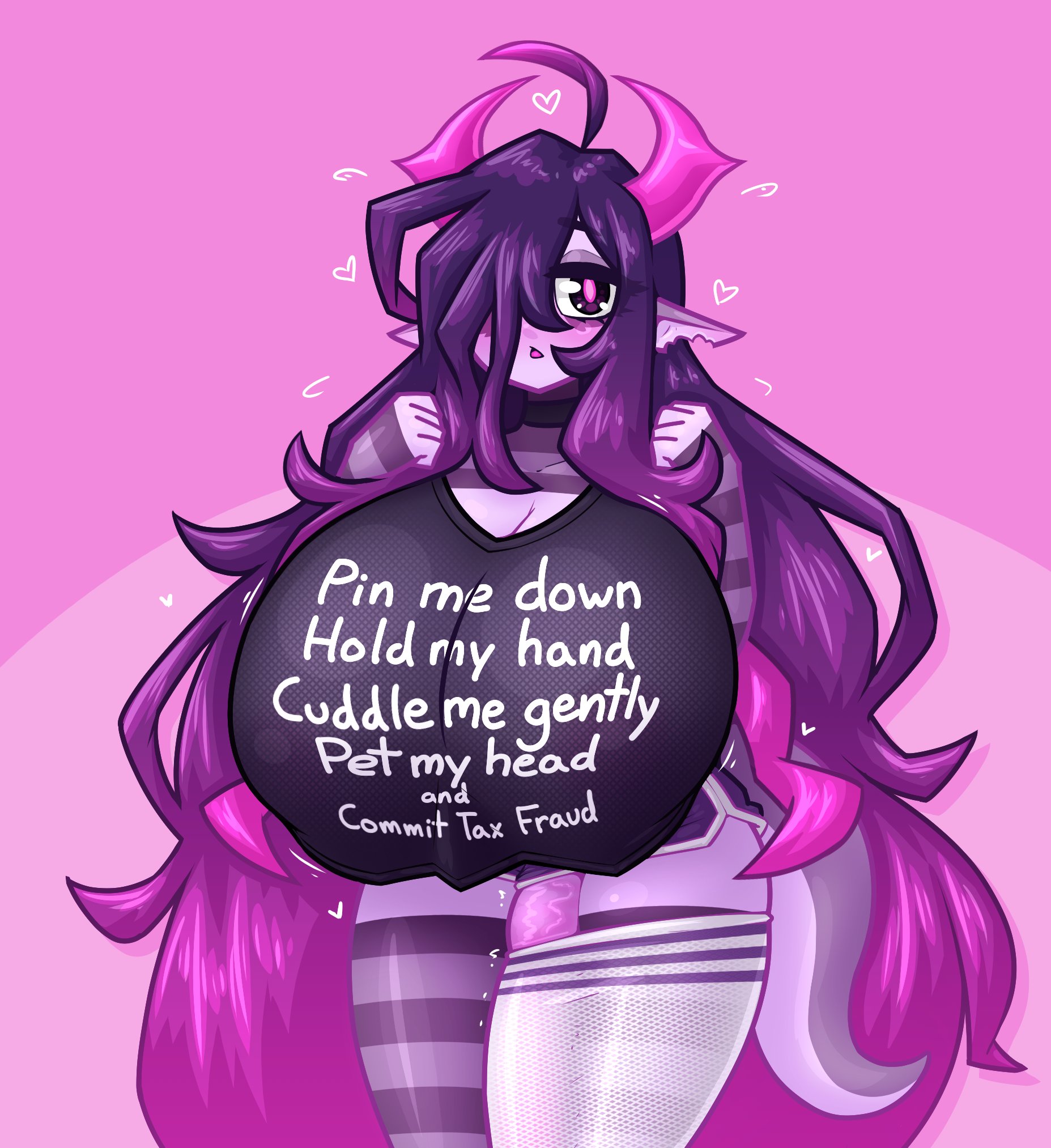 1futa, amethyst (arkfiya), black hair, breasts, clothed, clothing, english text, erection, futa only, futanari, gigantic breasts, hair, hair over one eye, horns, huge cock, humanoid, instructional clothing, intersex, limebreaker, long hair, looking at viewer, mostly clothed, original, penis, penis in thighhighs, purple hair, purple penis, purple skin, shrug (clothing), solo, standing, t-shirt, text, text on clothing, thick thighs, tucked penis, wide hips, ych, ych result