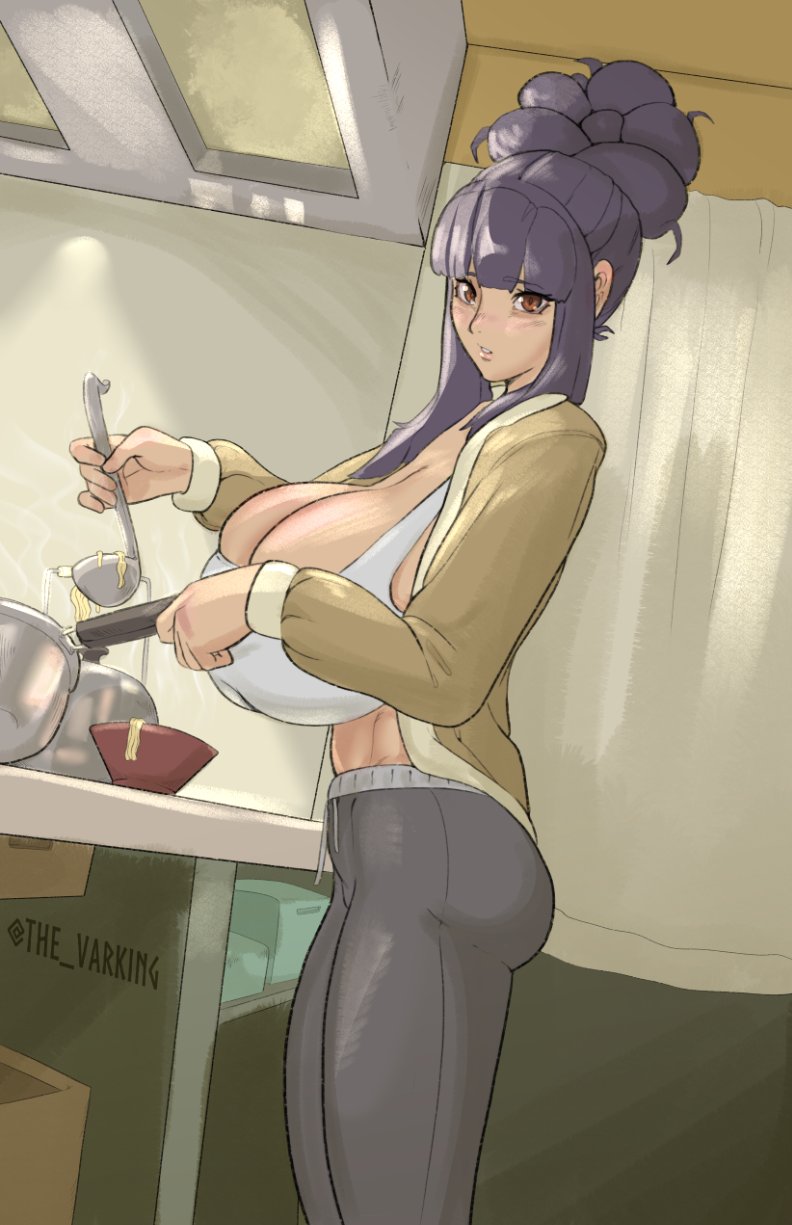 1girls ass beehive_hairdo blunt_bangs breasts bursting_breasts cleavage clothed command_grab cooking female female_only gigantic_breasts huge_breasts human indoors kitchen kitchen_utensils long_hair looking_at_viewer navel noodles purple_hair sidelocks solo solo_female standing the_varking