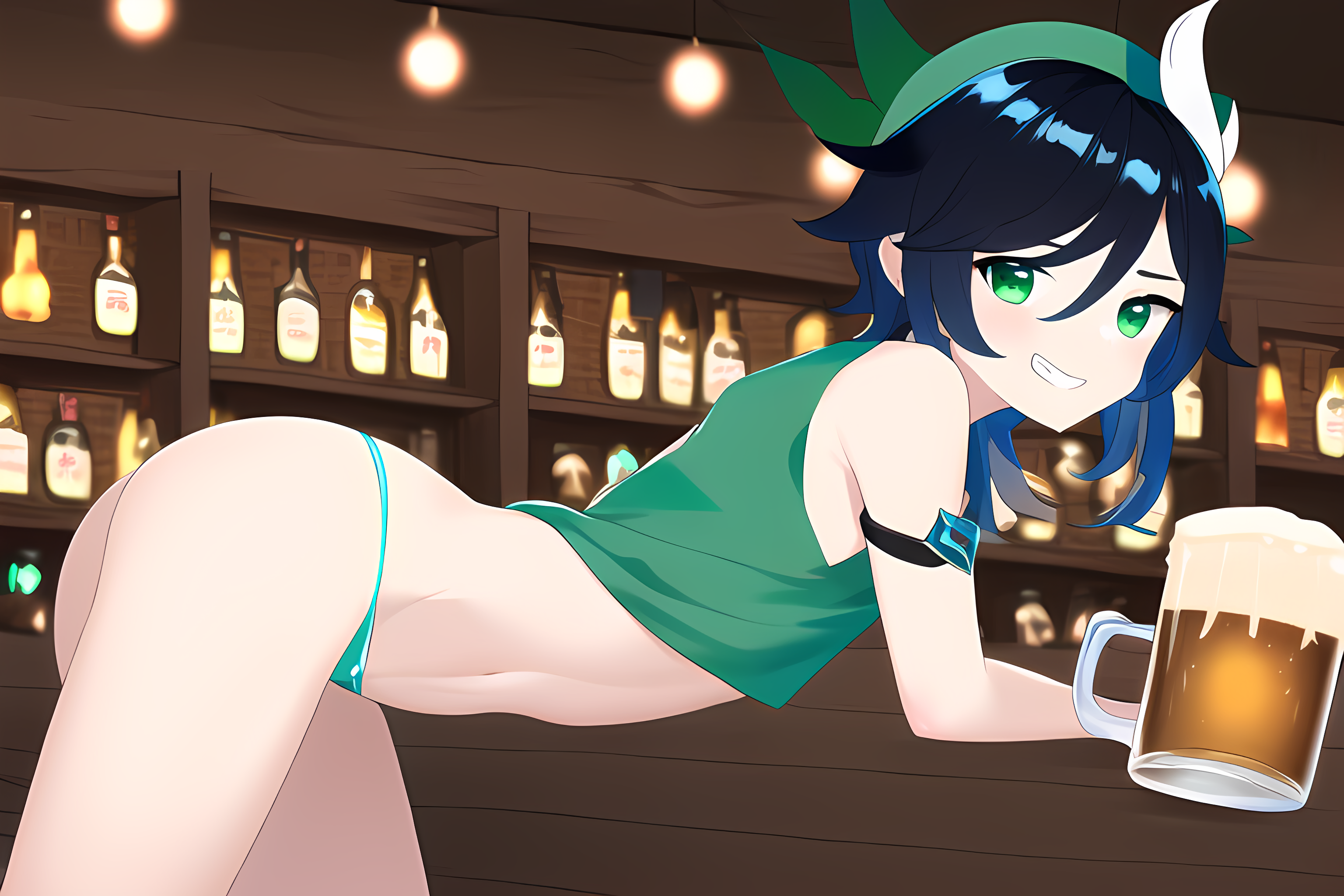 1boy, ai generated, alcohol, beer, beer mug, bent over, crop top, femboy, genshin impact, girly, green eyes, grinning, hat, male, male only, novelai, smile, smiling, smiling at viewer, tavern, thong, venti (genshin impact)