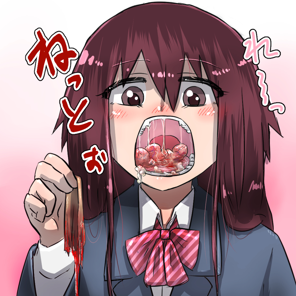 1girls bernin black_pupils cannibalism eyebrows_visible_through_hair eyelashes_visible_through_hair female female_only gore guro long_hair looking_at_viewer male_ryona open_mouth original testicles