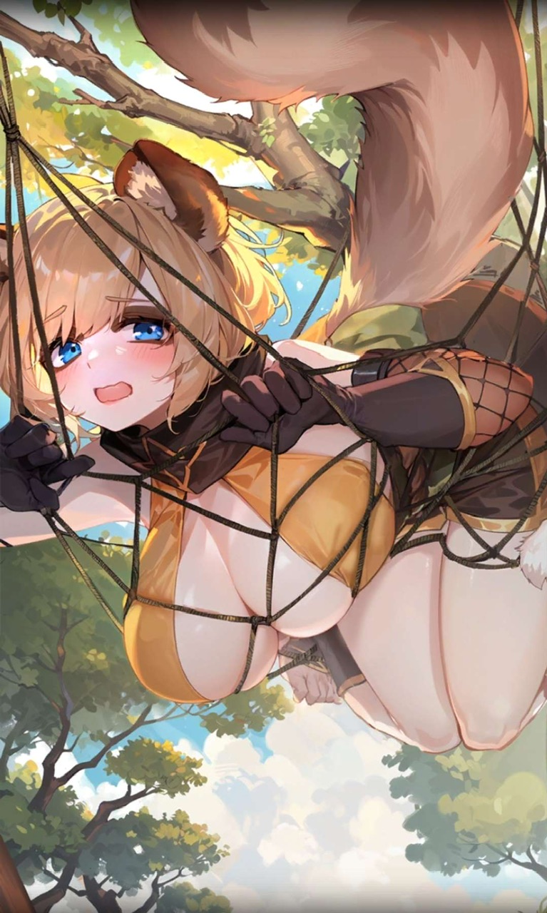 1girls blue_eyes blush brown_hair caught fishnet game_cg gloves isekai_slow_life looking_at_viewer nene_(isekai_slow_life) net ninja tail tanuki tanuki_girl trapped