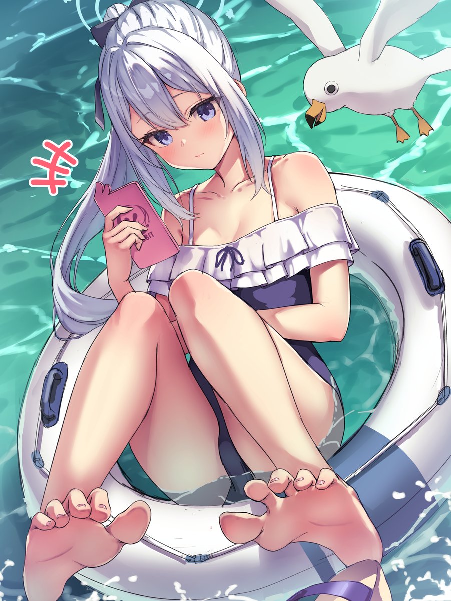 blue_archive buoy cellphone competition_swimsuit expressionless feet miyako_(blue_archive) miyako_(swimsuit)_(blue_archive) rabbit_squad_(blue_archive) sandals seagull srt_special_academy_student swimsuit watching