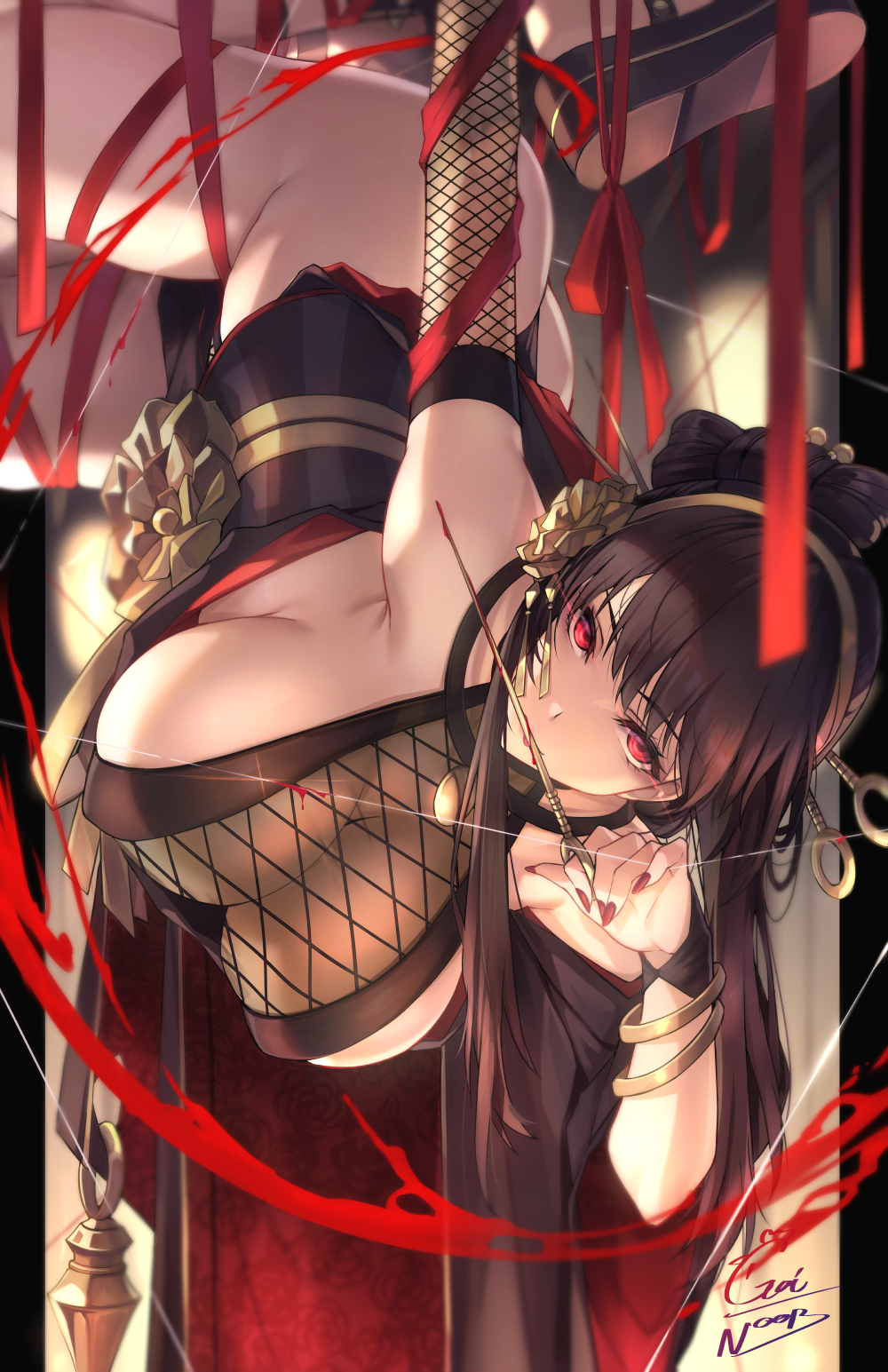 alternate_costume ass assassin bangs black_hair blood breasts cleavage female flower gainoob hair_ornament hairband highres japanese_clothes kunoichi large_breasts long_hair looking_at_viewer ninja red_eyes ribbon sideboob solo spy_x_family stiletto_(weapon) thorn_princess weapon yor_briar