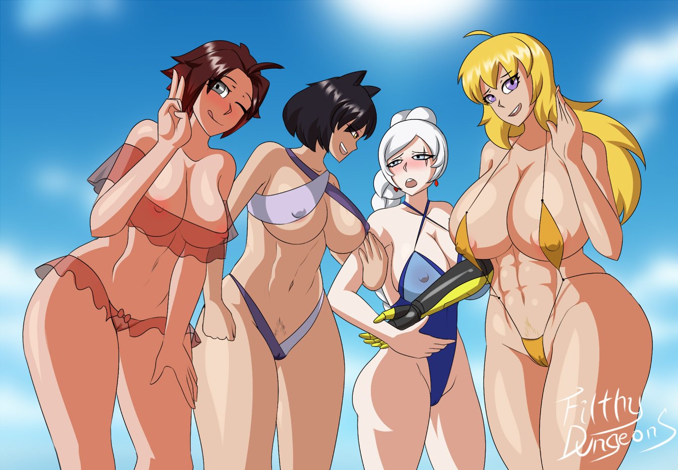 4girls abs amber_eyes ass beach big_ass big_breasts bikini black_and_red_hair black_hair blake_belladonna blonde_hair blue_eyes braided_hair breasts cameltoe cat_ears catgirl clothing faunus female filthydungeons hips human lilac_eyes long_hair multiple_girls muscular_female one-piece_swimsuit pale_skin purple_eyes quartet red_hair robotic_arm robotic_limb rooster_teeth ruby_rose rwby scar scar_across_eye scar_on_face see-through see-through_clothing see-through_panties see-through_swimsuit short_hair silver_eyes string_bikini summer swimwear team_rwby tied_hair two_piece_swimsuit weiss_schnee white_hair wide_hips wink winking winking_at_viewer yang_xiao_long yellow_eyes