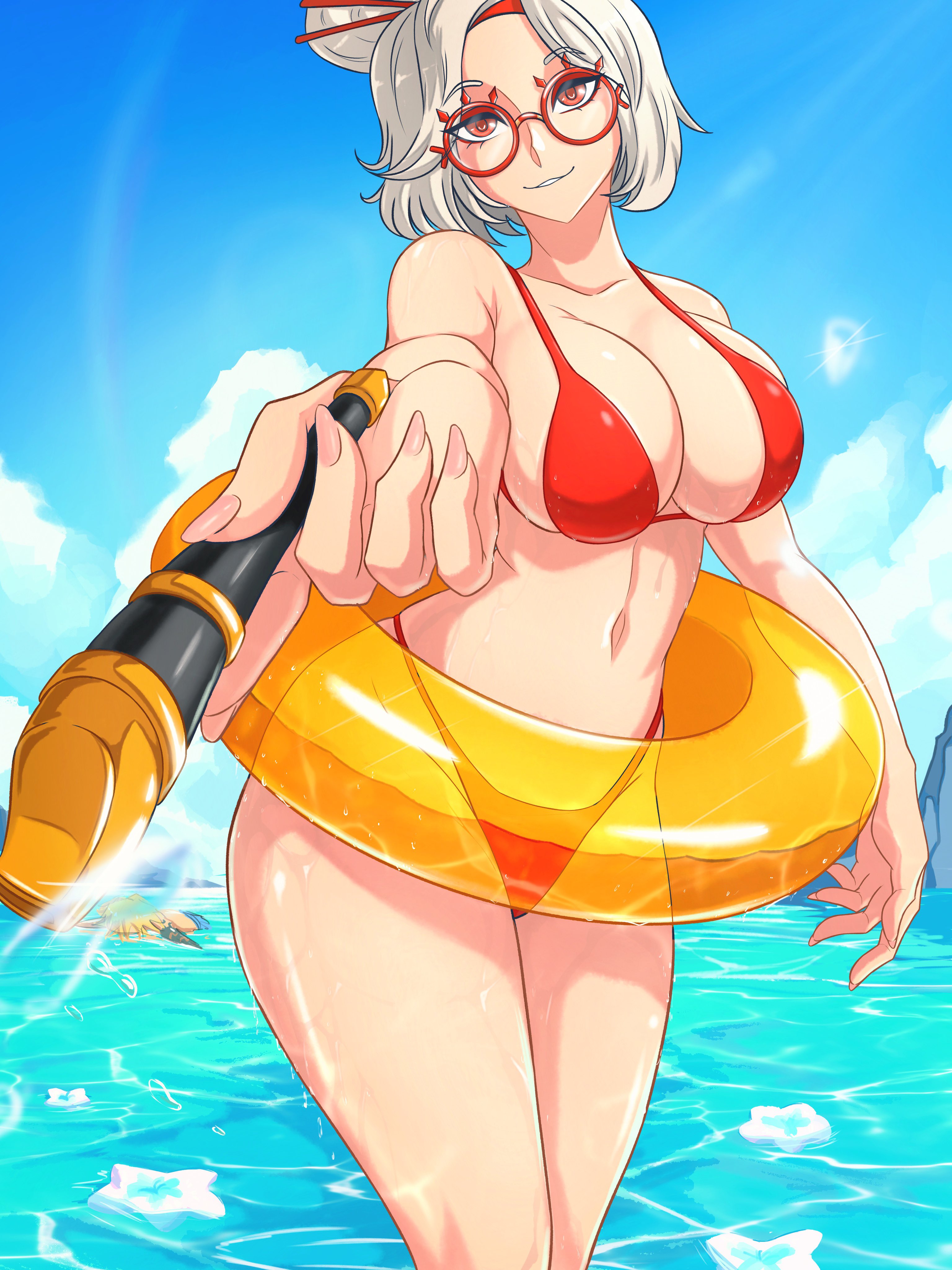1girls, big breasts, breasts, curvy, curvy female, curvy figure, drowning, female, female only, funny background event, link, link (breath of the wild), looking at viewer, midriff, navel, opalisart, purah, purah (tears of the kingdom), silver hair, tears of the kingdom, the legend of zelda, thick thighs, thighs, water