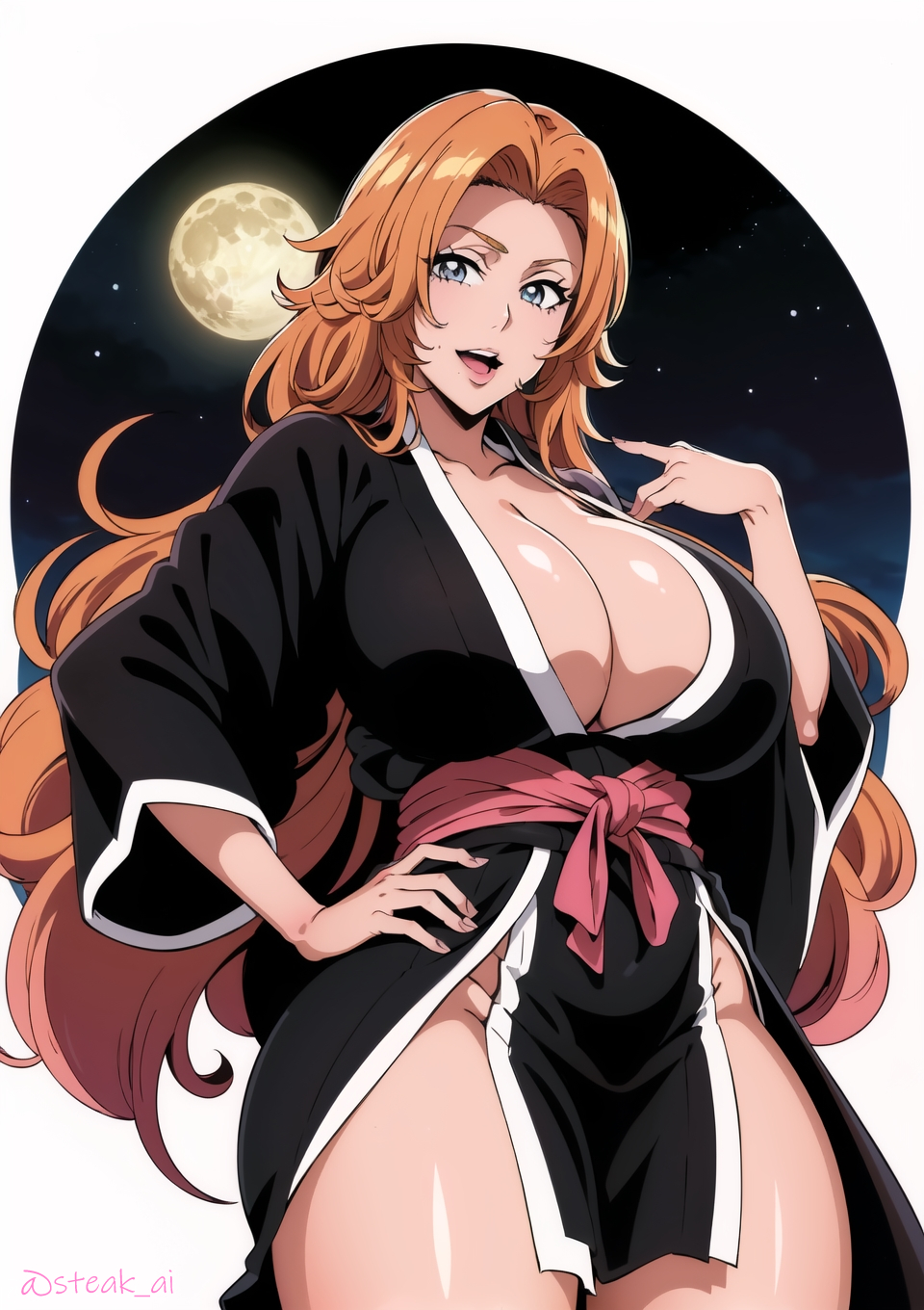 ai_generated big_breasts bleach blue_eyes breasts cowboy_shot female female_only hourglass_figure huge_breasts kimono large_breasts long_hair matsumoto_rangiku nai_diffusion no_bra no_panties oppai orange_hair partially_clothed plump robe sagging_breasts solo stable_diffusion steak_ai very_long_hair voluptuous voluptuous_female wavy_hair