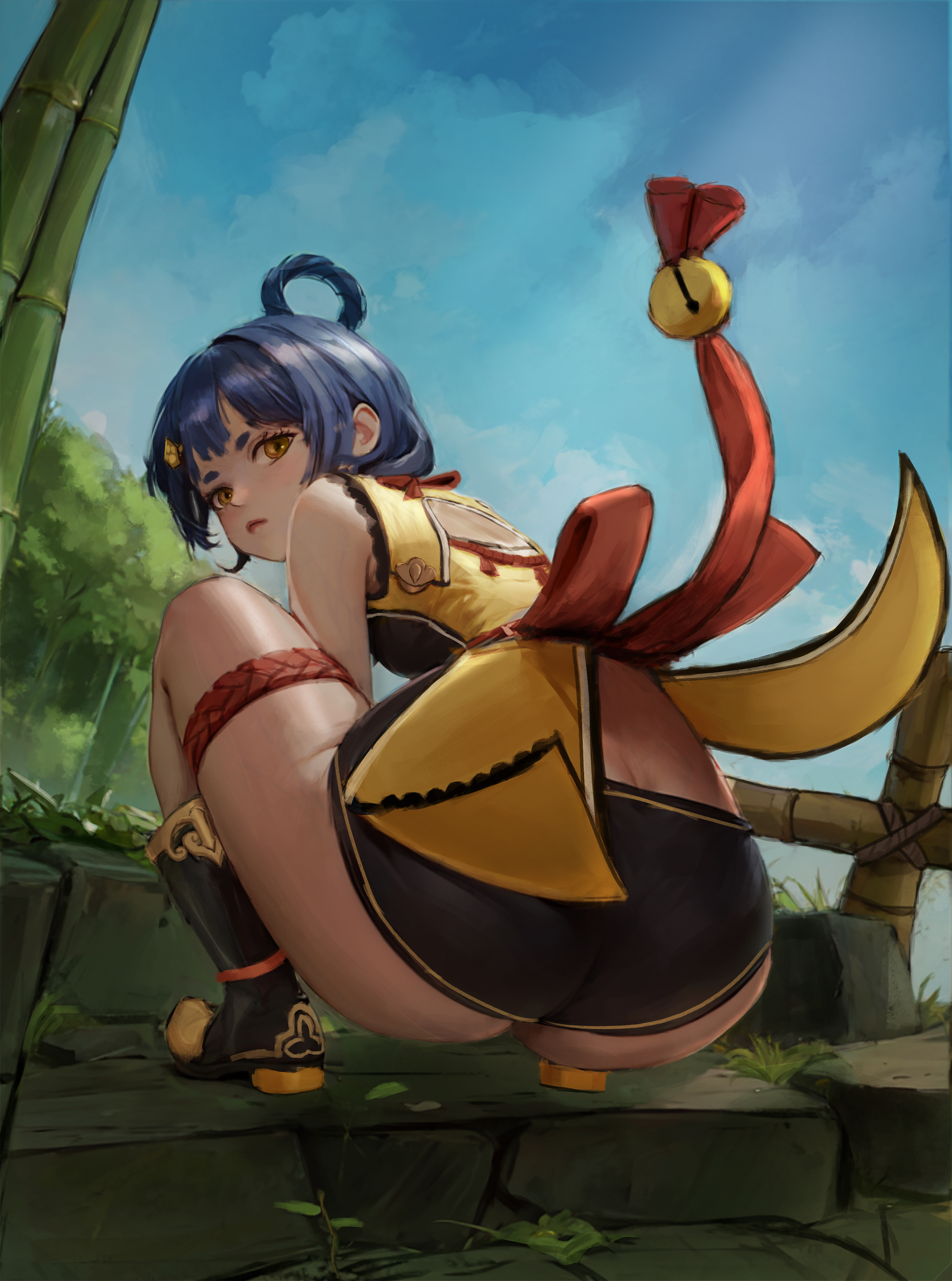 1girls, artli, ass, ass focus, big ass, blue hair, boots, female, genshin impact, huge ass, looking back, solo, solo female, solo focus, squatting, thigh strap, xiangling (genshin impact), yellow eyes
