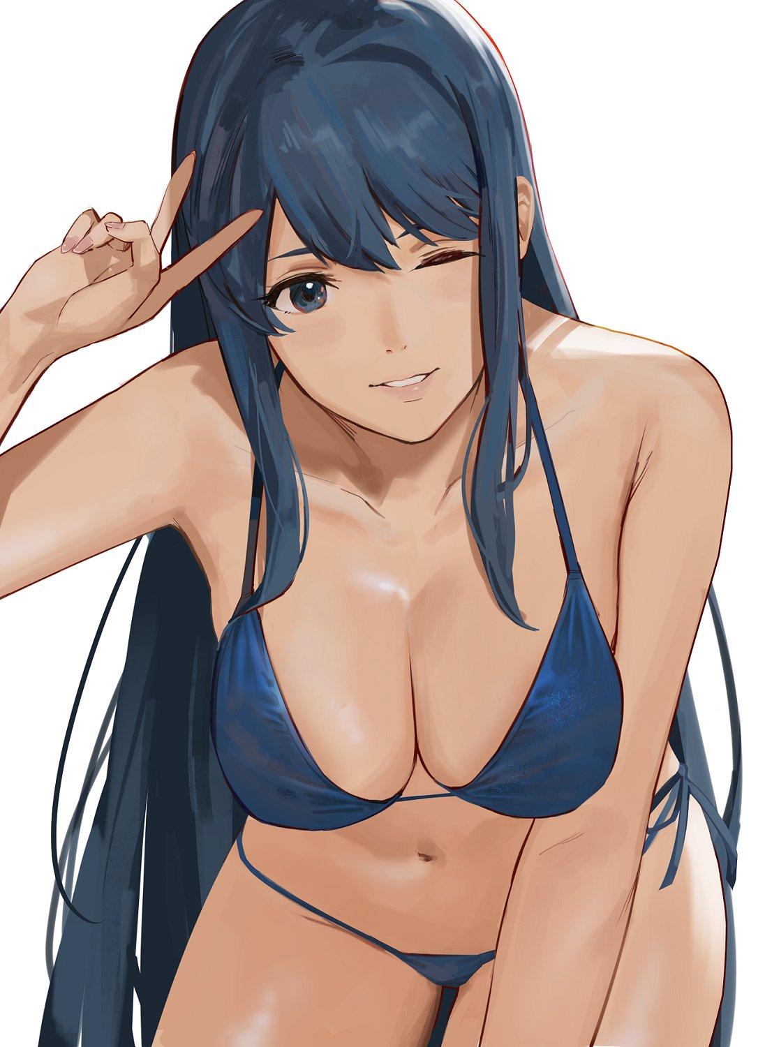 1girls, alternate costume, bare shoulders, bikini, blue bikini, blue eyes, blue hair, blue swimsuit, breast focus, breasts, caeda (fire emblem), cleavage, close-up, female, female only, fire emblem, fire emblem: mystery of the emblem, fire emblem: shadow dragon and the blade of light, highres, j@ck, long hair, navel, nintendo, one eye closed, parted lips, sidelocks, simple background, smile, solo, swimsuit, v, very long hair, white background, wink, winking, winking at viewer