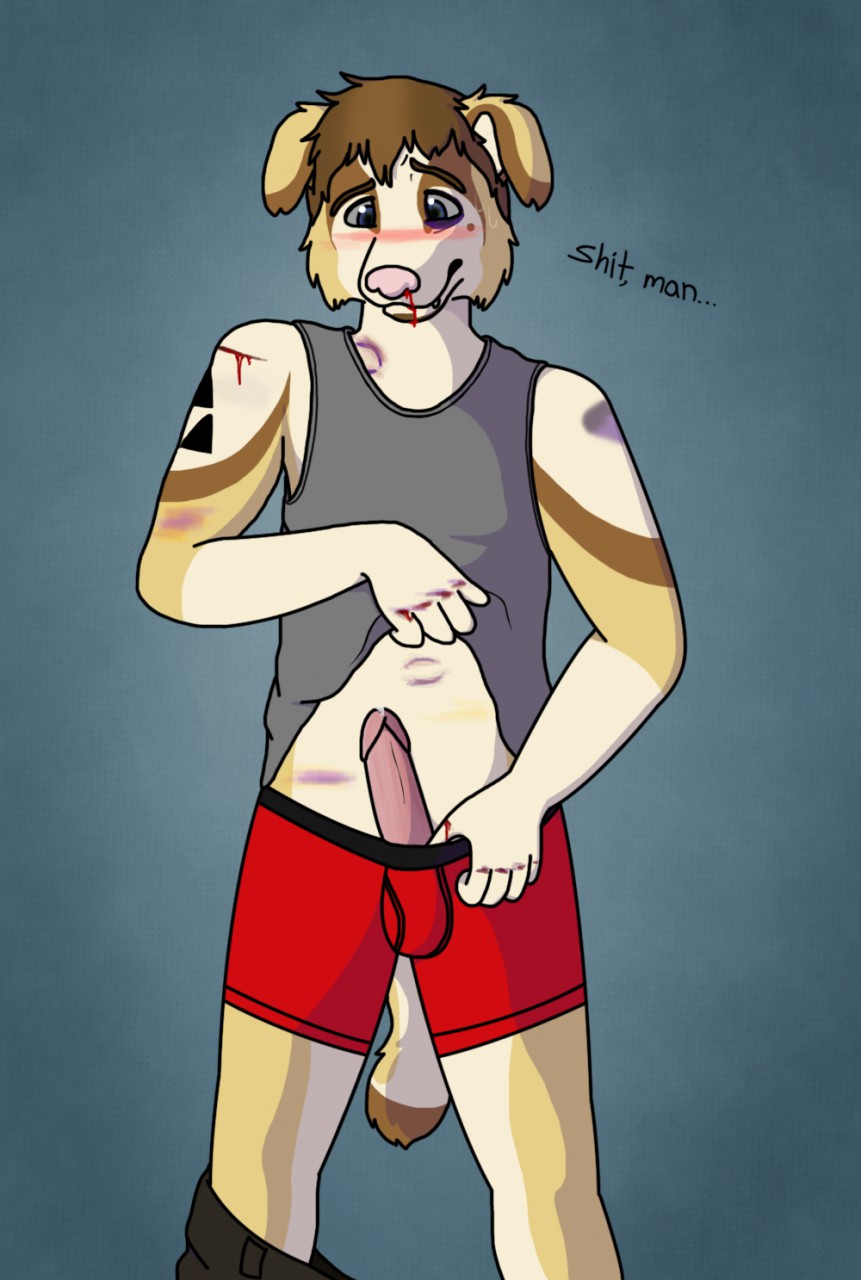 2015 anthro arm_tattoo bird_dog bite_mark_on_chest black_text blood blue_(bluekyokitty) blue_eyes bluekyokitty blush bodily_fluids bottomwear bottomwear_down boxers_(clothing) brown_body brown_fur brown_hair bruised bruised_arm bruised_knuckles canid canine canis cel_shading chow_chow clothed clothing clothing_lift digital_drawing_(artwork) digital_media_(artwork) domestic_dog english_text erection eyebrows facial_hair floppy_ears fur genital_fluids genitals golden_retriever grey_background grey_clothing grey_sclera grey_shirt grey_tank_top grey_topwear hair hi_res humanoid_genitalia humanoid_hands humanoid_penis hunting_dog male mammal mixed_breed nosebleed pants pants_down partially_clothed penis pink_nose pink_penis portrait precum profanity red_blush red_boxers red_clothing red_underwear retriever sebdoggo shaded shirt shirt_lift simple_background solo spitz standing tail tan_body tan_fur tank_top tattoo text three-quarter_portrait topwear triforce_tattoo underwear wounded