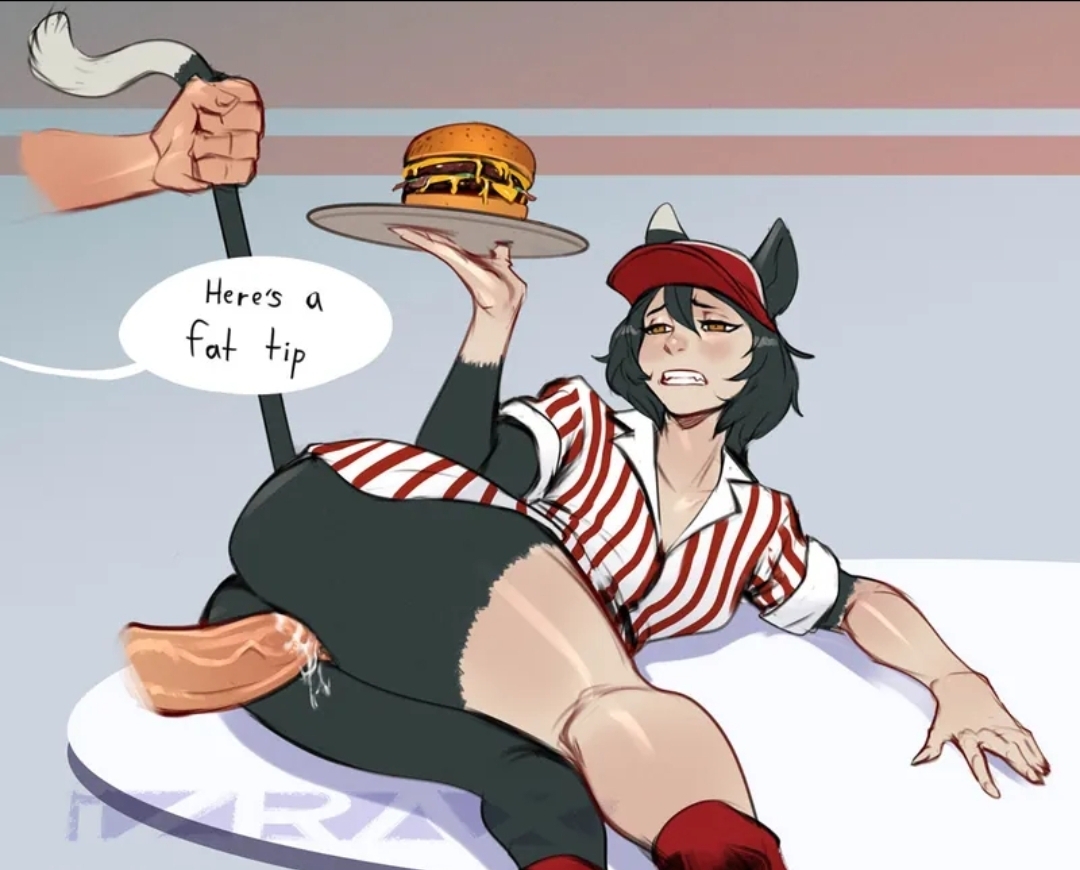 :3, animal ears, burger, cat ears, cat tail, catgirl, delicious in dungeon, half-dressed, izra, izutsumi, on side, penetration, penis, sex, tail, tail grab, uniform, vaginal penetration, wet, wet pussy