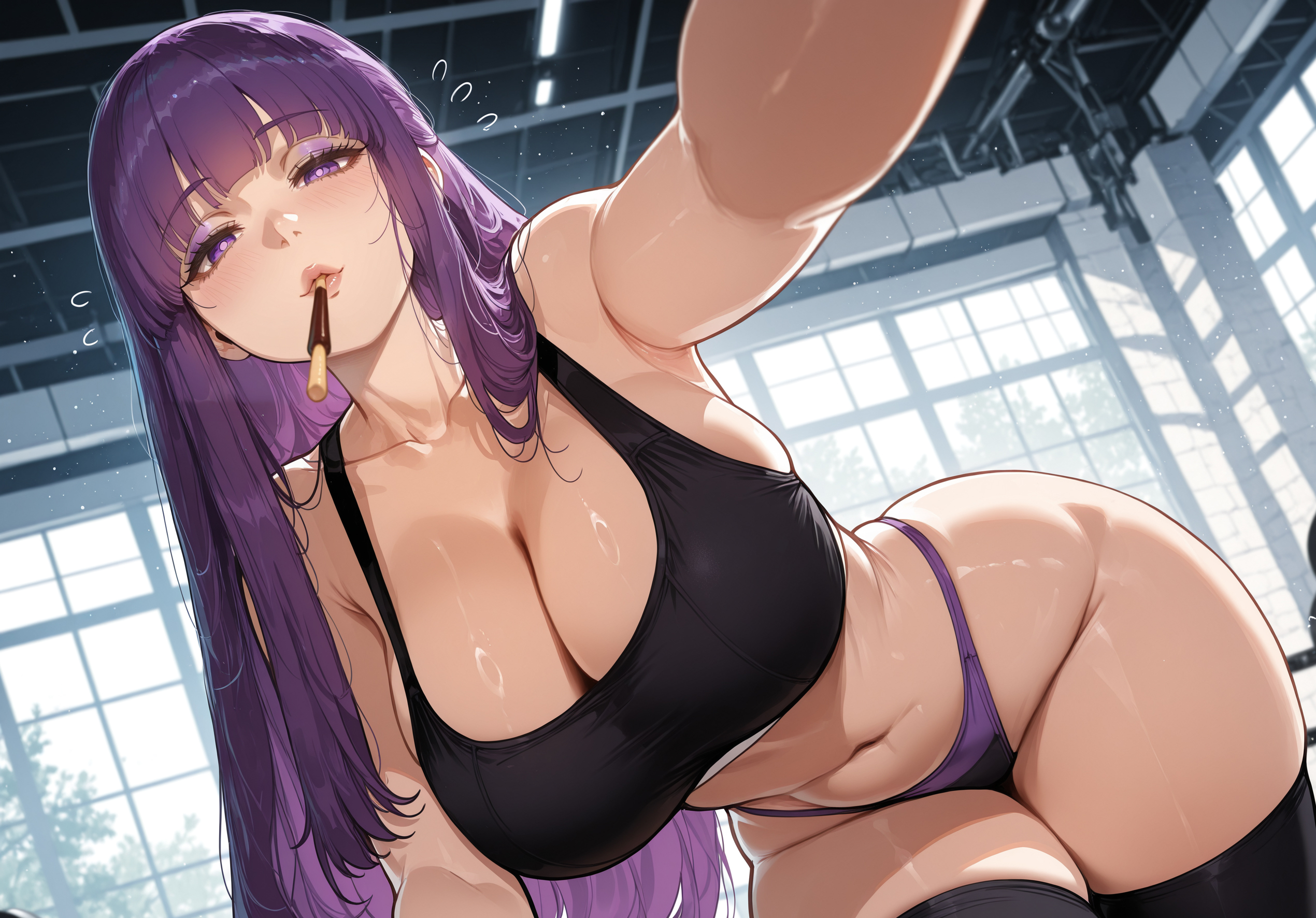 1girl, 1girls, ai assisted, ai generated, bangs, black legwear, black panties, blunt bangs, blush, bra, breasts, cleavage, collarbone, curvaceous, curvy, curvy female, curvy figure, eyebrows visible through hair, female, female only, fern (sousou no frieren), flying sweatdrops, huge breasts, indoors, large breasts, long hair, looking at viewer, miyuai, mouth hold, navel, panties, purple bra, purple eyes, purple hair, purple panties, solo, sousou no frieren, thick, thick ass, thick butt, thick hips, thick legs, thick thighs, thighhighs, thighs, underwear, underwear only, voluptuous, voluptuous female, wide hips, wide thighs, window