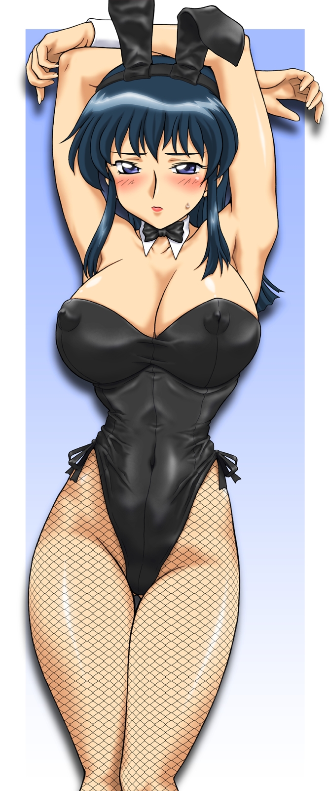 blue_eyes blue_hair blush breasts bunny_ear bunny_girl bunnysuit cleavage cosplay erect_nipples fishnet_pantyhose fishnets fujimura_shizuru high_res highleg highres huge_breasts kemonomimi long_hair oppai pantyhose shinkon_gattai_godannar!! ta152_(graf_zeppelin) tights usamimi