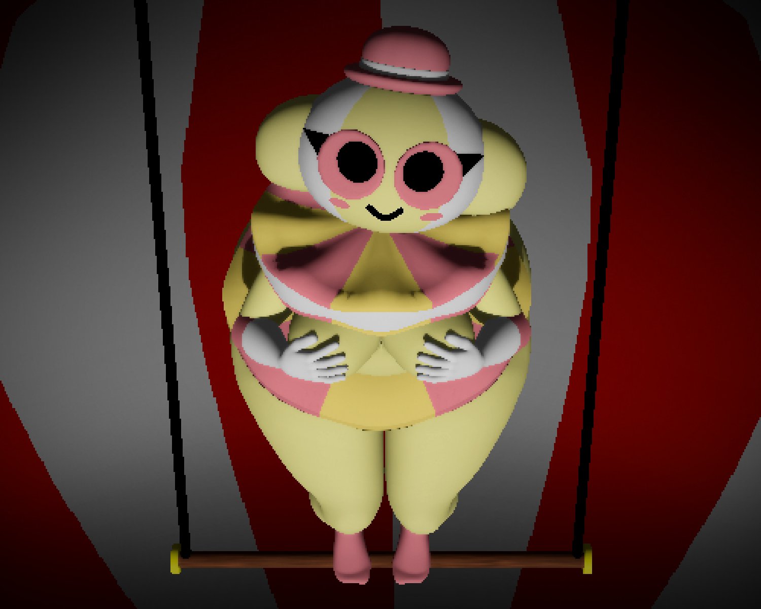 3d, 3d (artwork), big butt, cinemesh, clown girl, covering breasts, endacopia, multicolored body, pink eyes, thick thighs, trapezist (endacopia), yellow skin