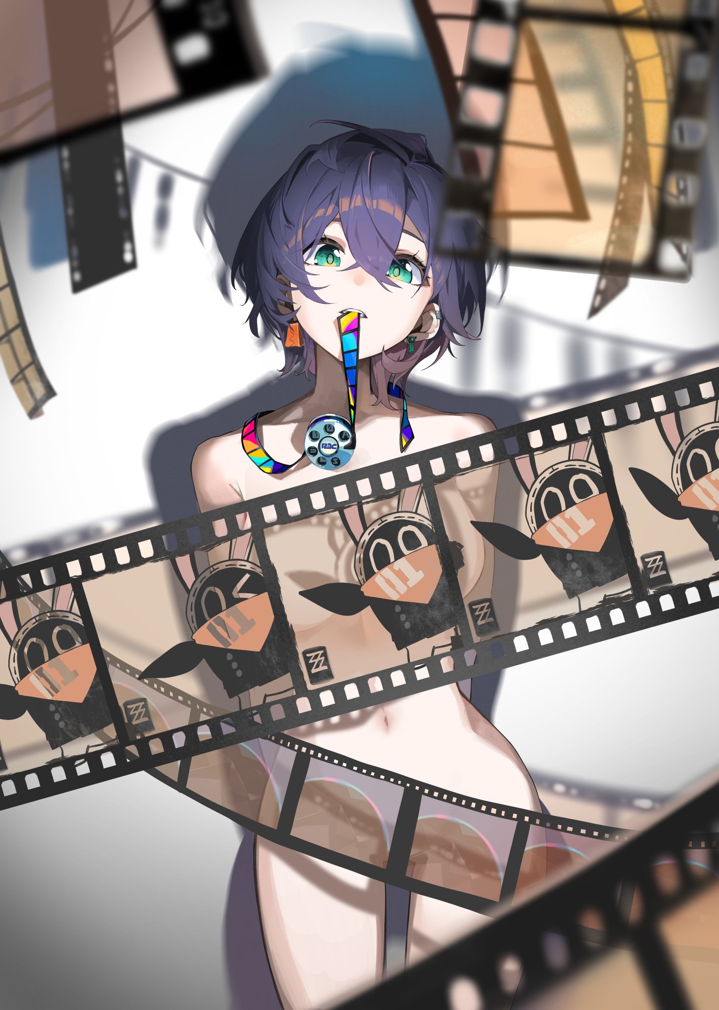 1girls, belle (zenless zone zero), blue hair, breasts, convenient censoring, convenient censorship, dark blue hair, female, film reel, hoyoverse, looking at viewer, naked, nude, short hair, solo, tagme, zenless zone zero