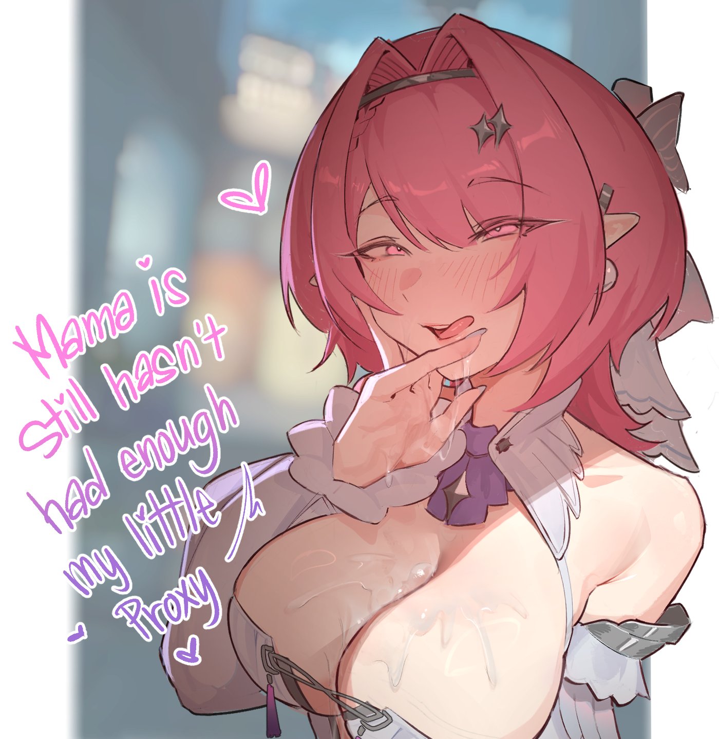 1girls, after fellatio, big breasts, busty, colored nails, cum, cum in mouth, cum on breasts, cum on face, cum on hand, english text, female, female only, hoyoverse, huge breasts, large breasts, light skin, light-skinned male, long nails, male pov, mihoyo, nottoauru (ohwl), painted nails, pink hair, remielle dan, silver nails, tagme, text, wise (zenless zone zero), zenless zone zero